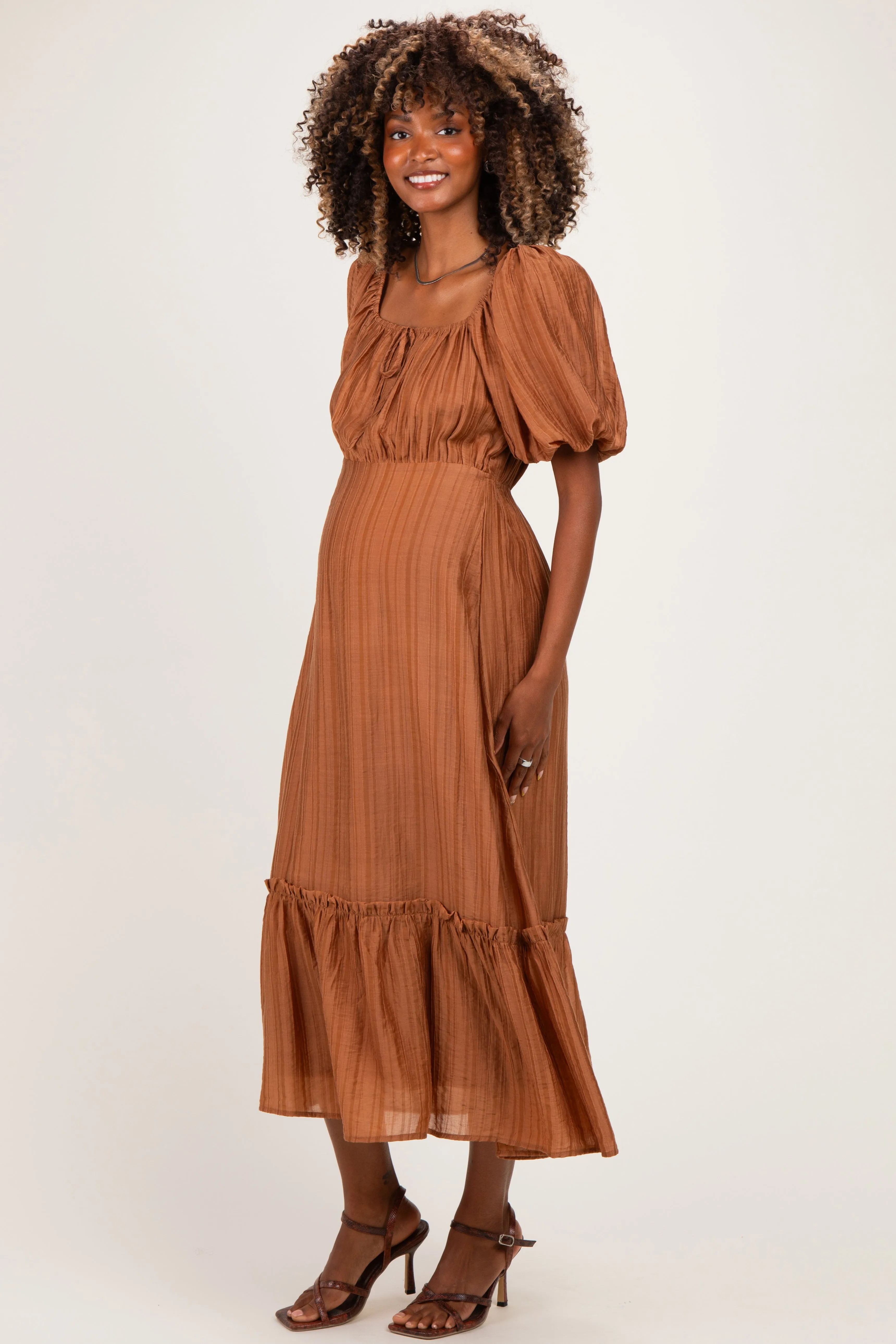 Mocha Textured Woven Square Neck Maternity Midi Dress sold by Pinkblush product image thumbnail 2