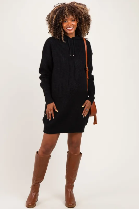Black Chunky Waffle Knit Hooded Maternity Tunic Dress made by Bluivy