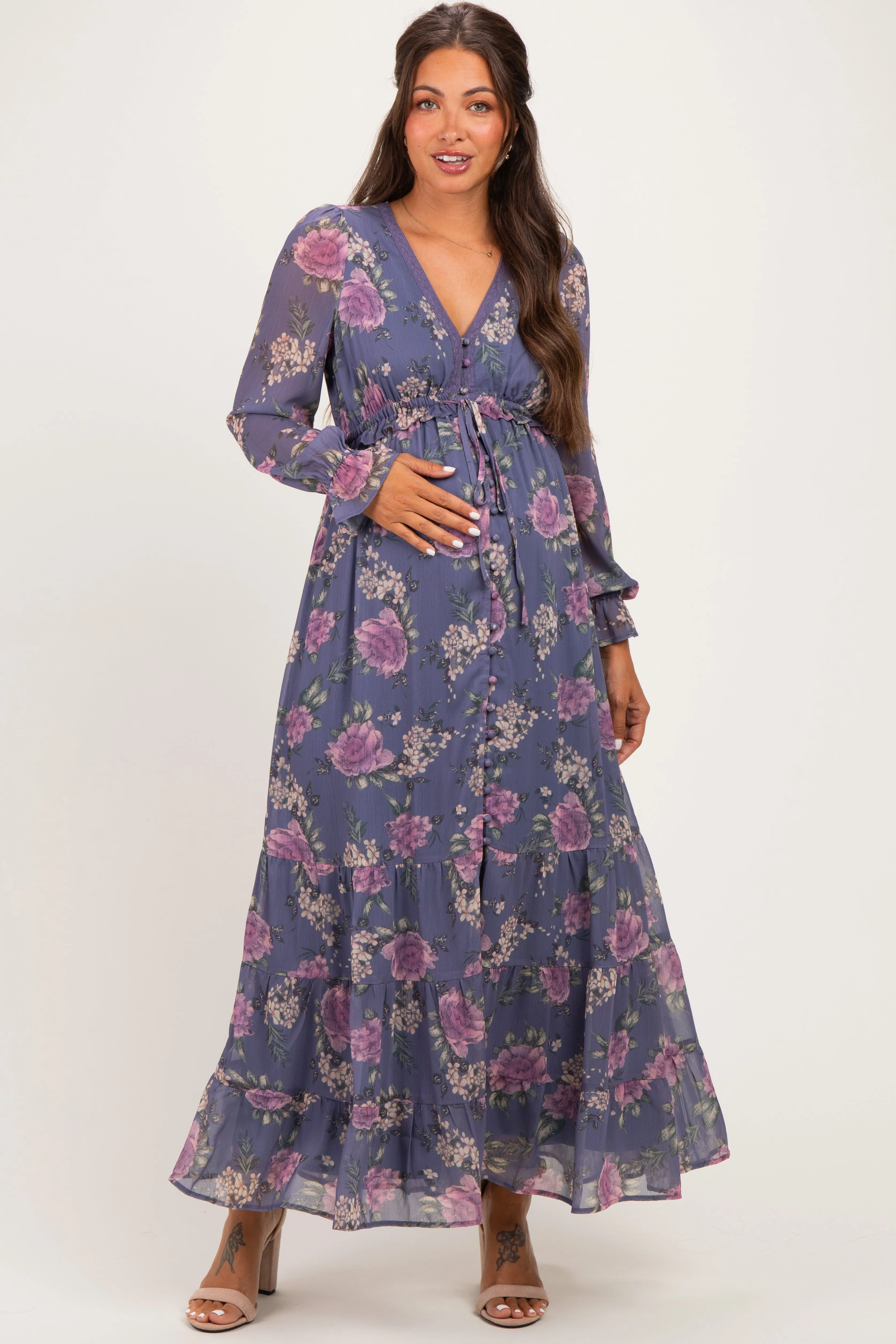 Plum Floral Chiffon Button Down Maternity Maxi Dress sold by Pinkblush product image thumbnail 2
