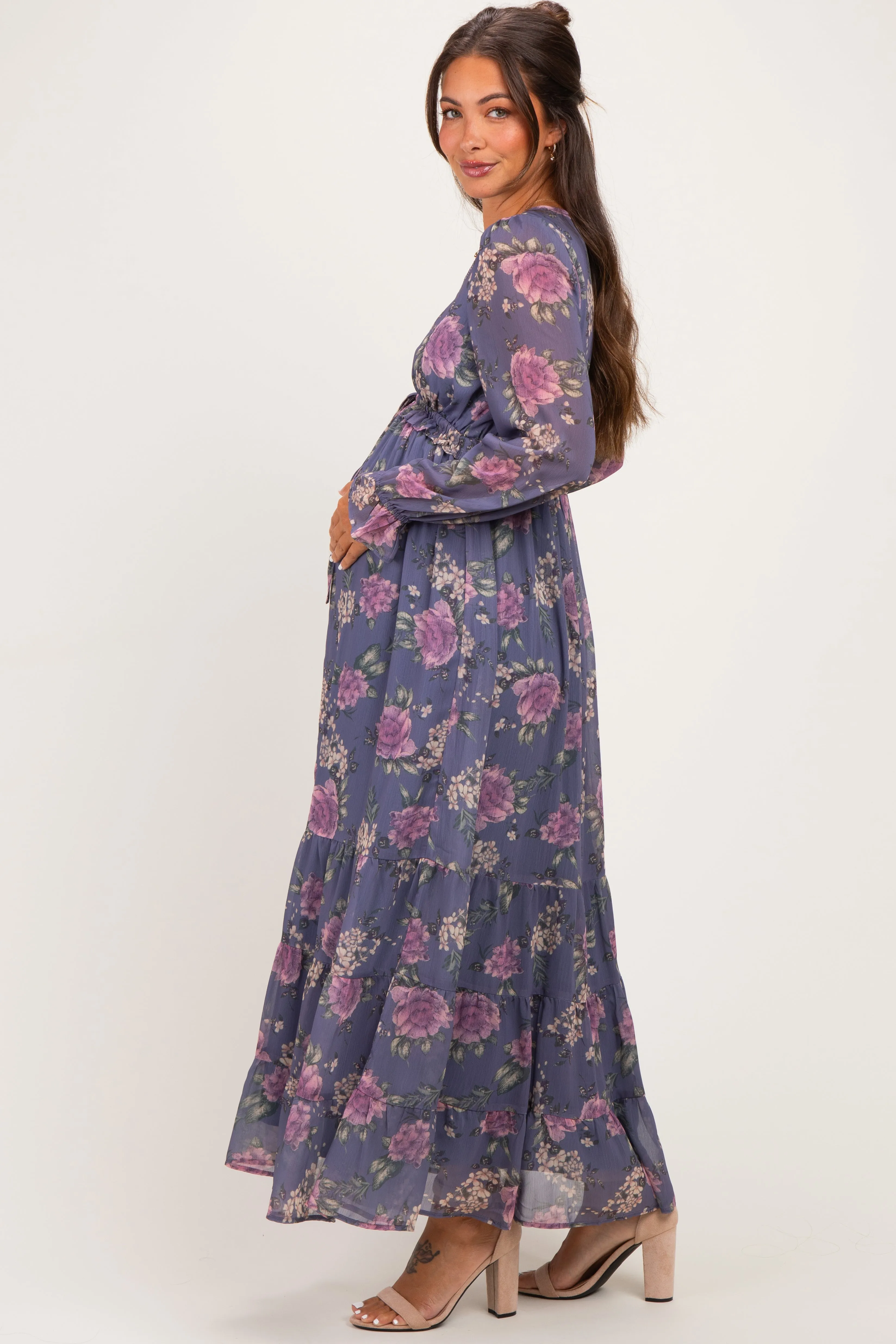 Plum Floral Chiffon Button Down Maternity Maxi Dress sold by Pinkblush product image thumbnail 3