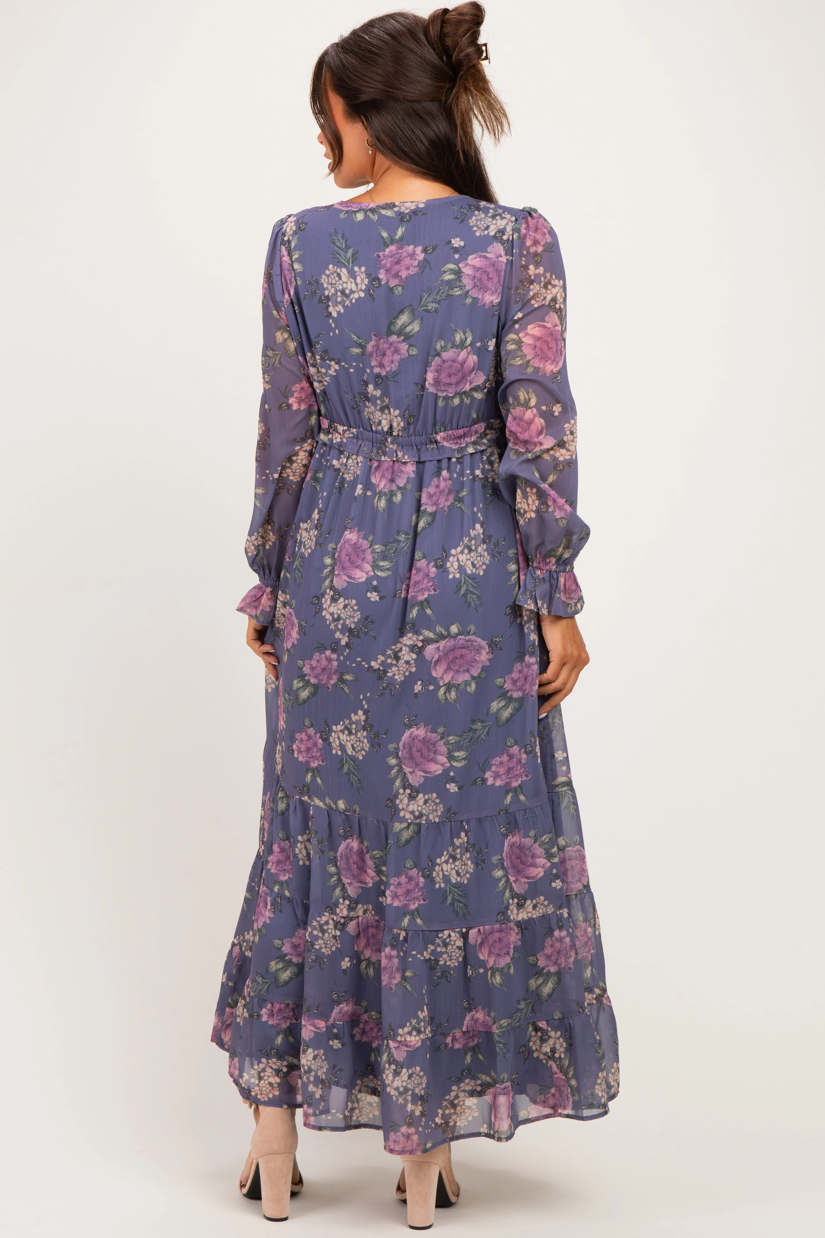 Plum Floral Chiffon Button Down Maternity Maxi Dress sold by Pinkblush product image thumbnail 4