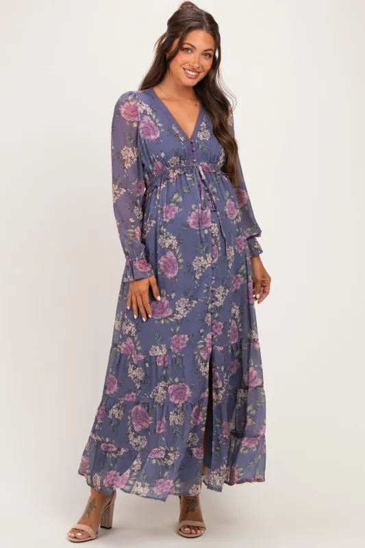 Plum Floral Chiffon Button Down Maternity Maxi Dress made by Inloom