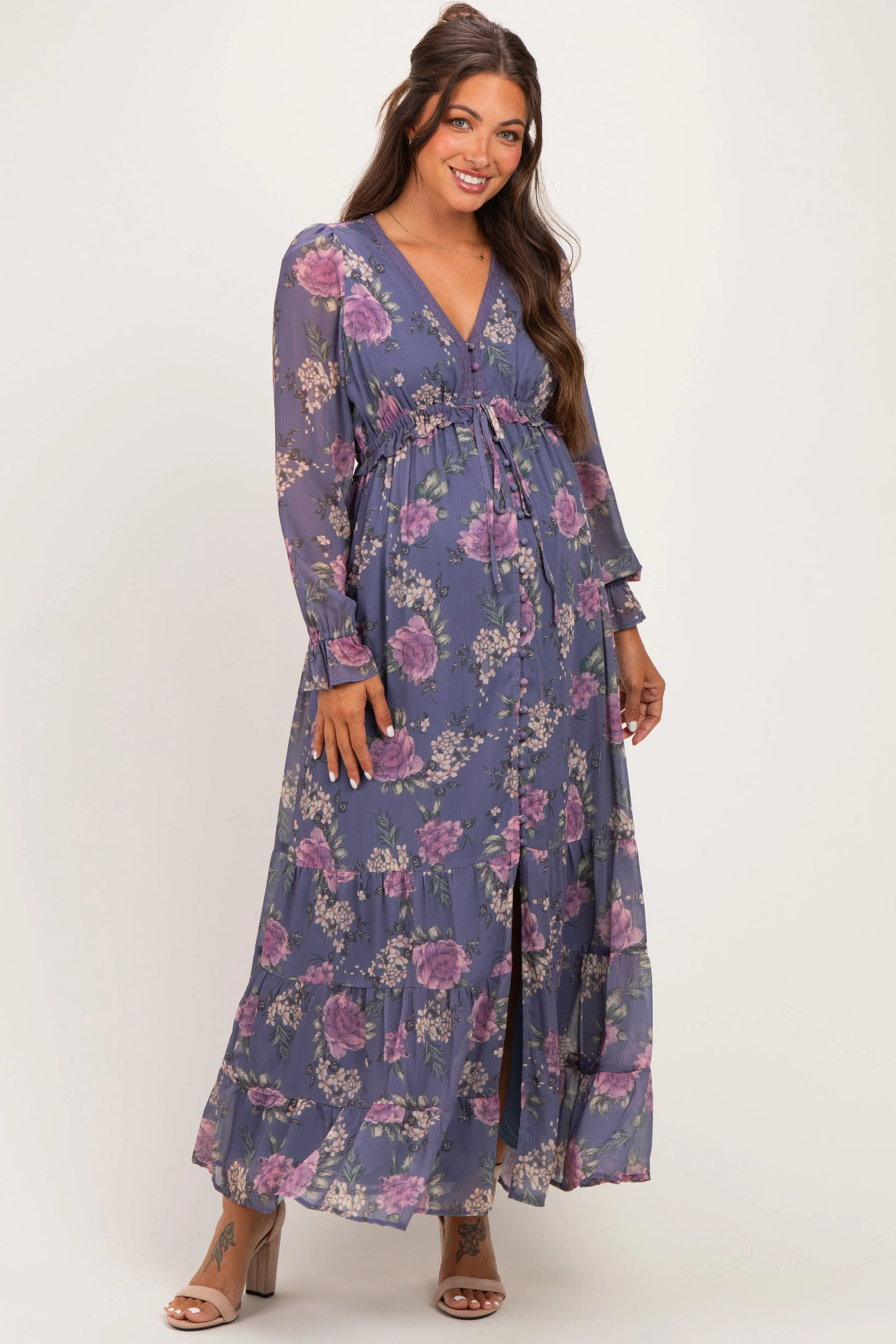 Plum Floral Chiffon Button Down Maternity Maxi Dress sold by Pinkblush