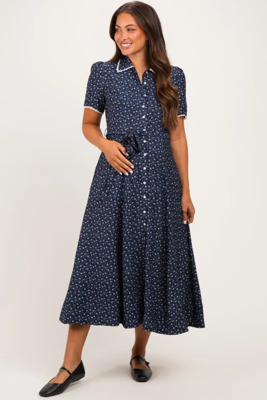 Navy Floral Button Down Tie Waist Maternity Midi Dress made by Inloom