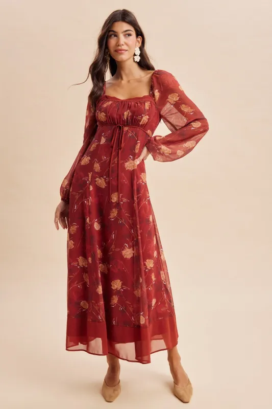 Burnt Ginger Floral Mesh Front Tie Maxi Dress made by Inloom