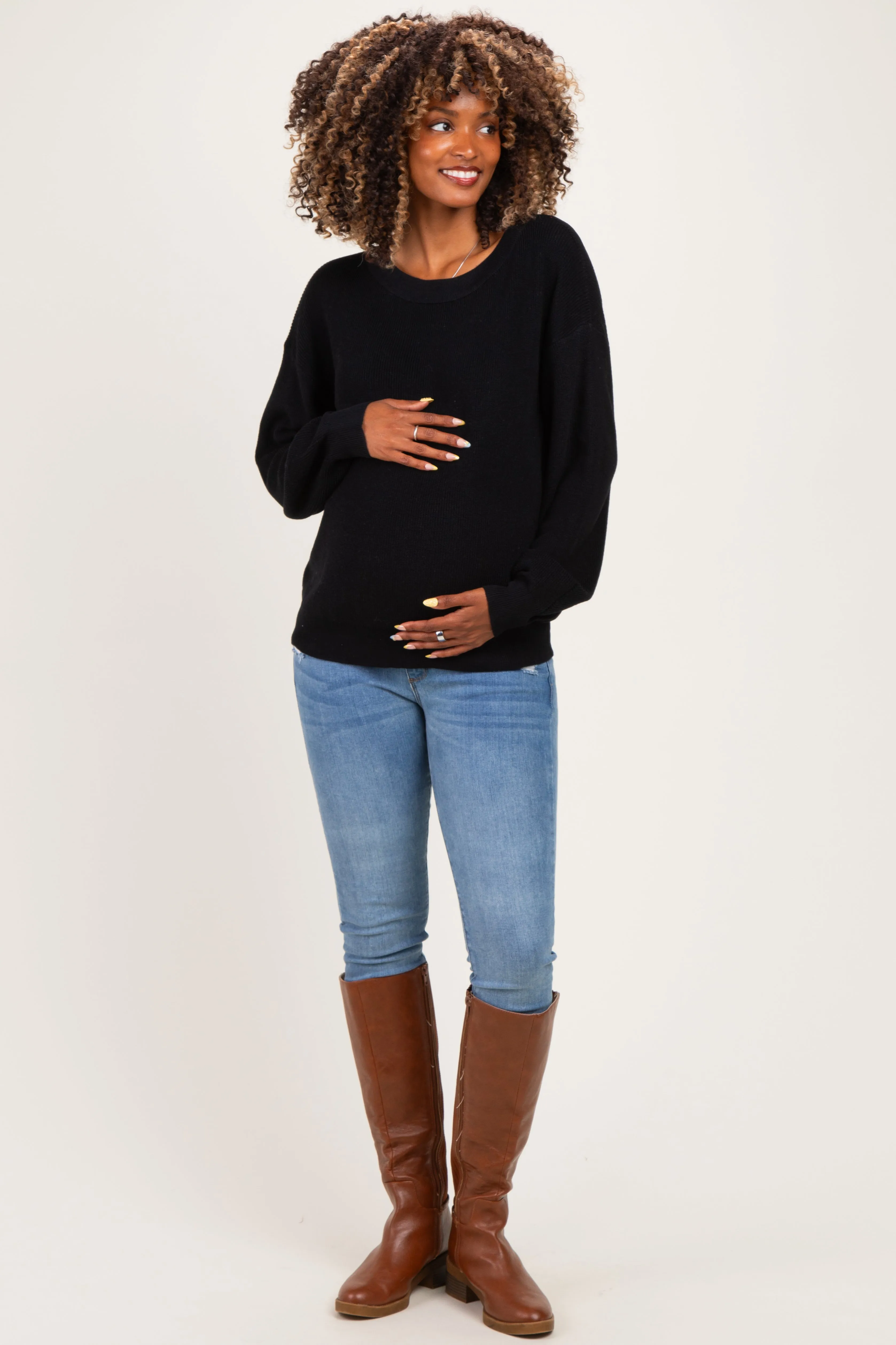 Black Balloon Sleeve Boat Neck Maternity Sweater sold by Pinkblush product image thumbnail 2