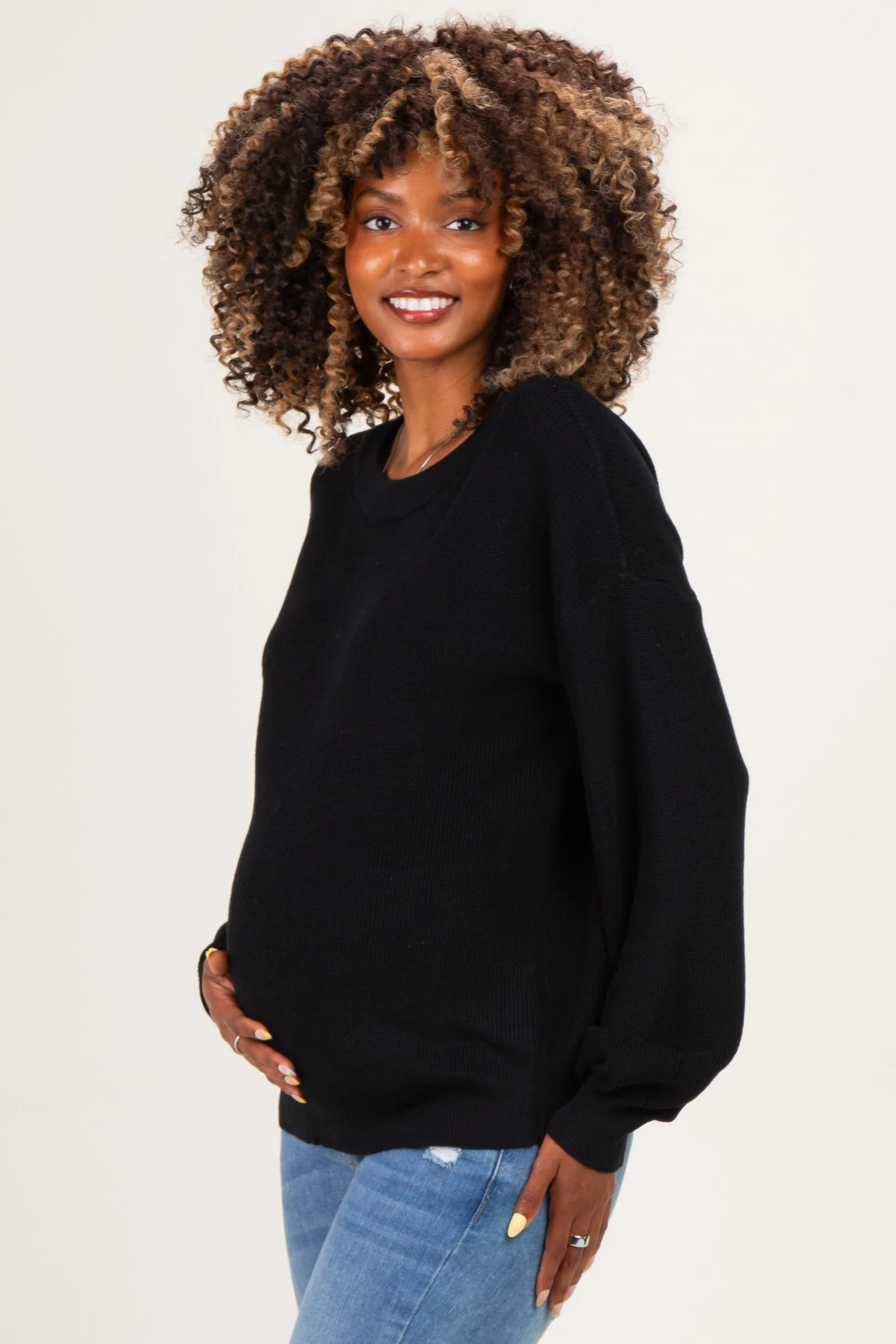 Black Balloon Sleeve Boat Neck Maternity Sweater sold by Pinkblush product image thumbnail 3