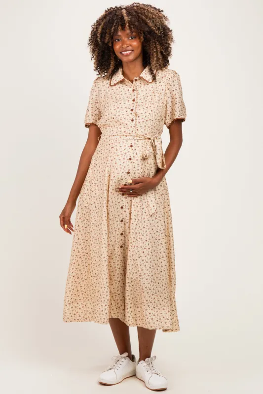 Buttercream Floral Button Down Tie Waist Maternity Midi Dress made by Inloom