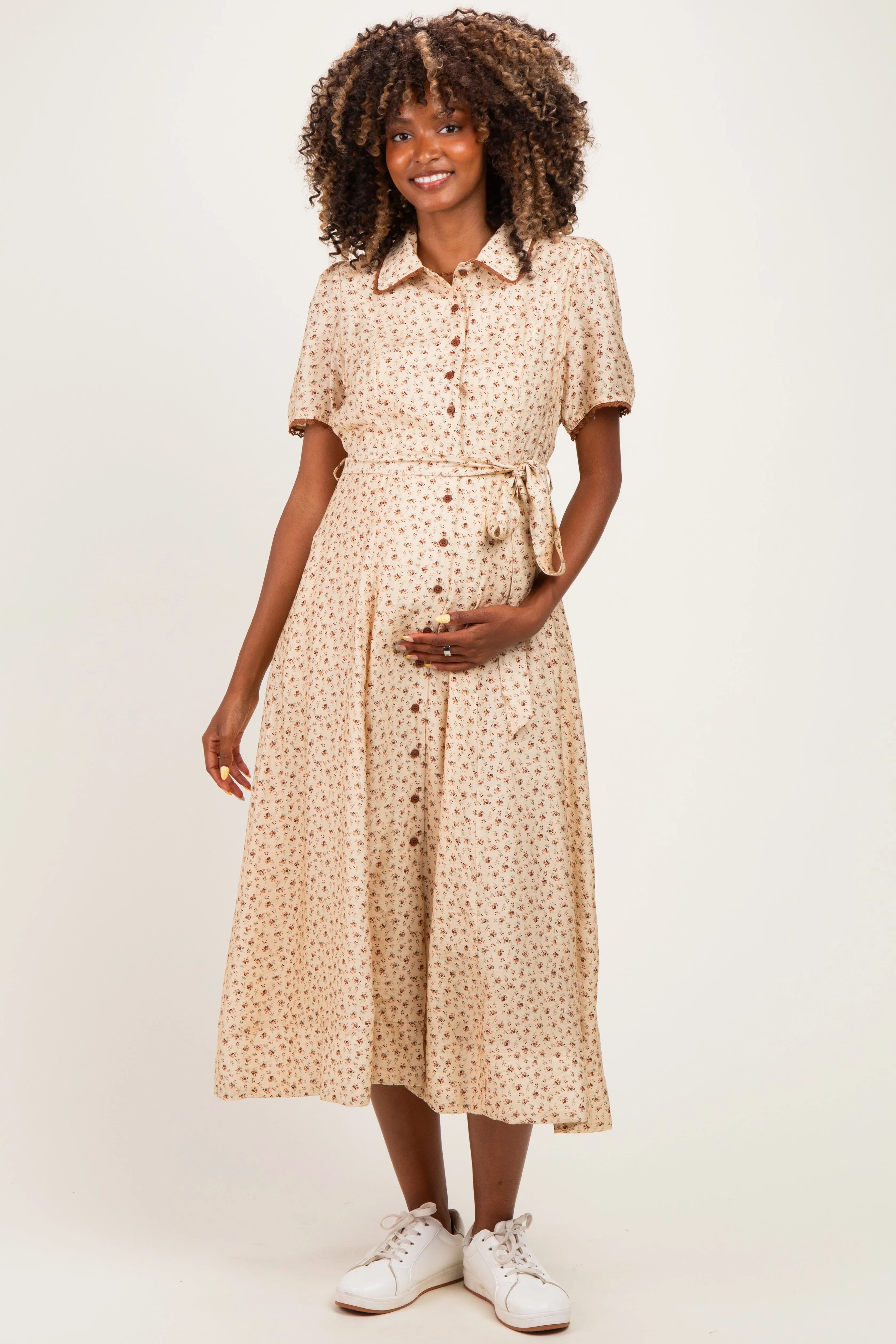 Buttercream Floral Button Down Tie Waist Maternity Midi Dress sold by Pinkblush