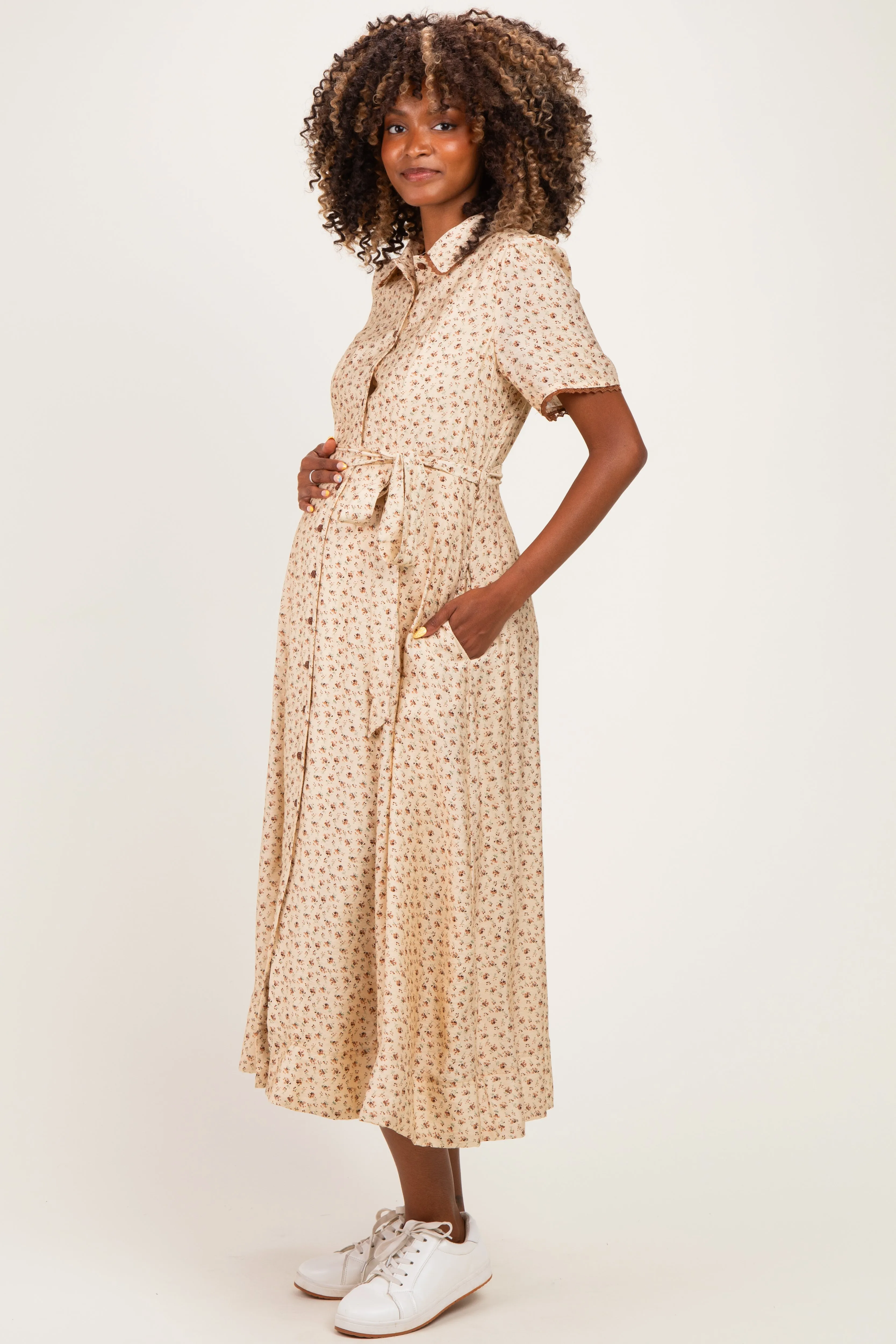 Buttercream Floral Button Down Tie Waist Maternity Midi Dress sold by Pinkblush product image thumbnail 2