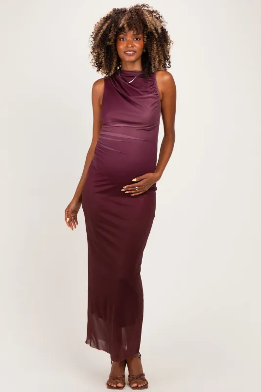Burgundy Ombre Mesh Ruched Sleeveless Maternity Midi Dress made by Fore Collection