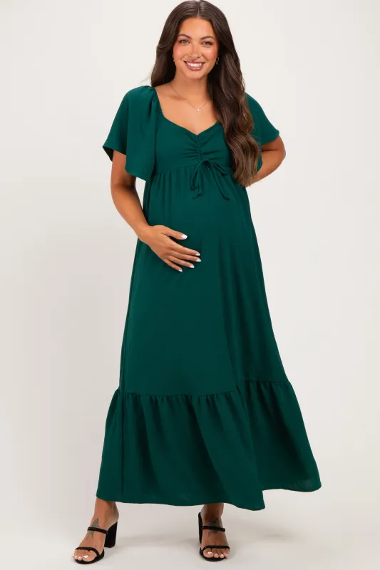 Dark Sage Flutter Sleeve Ruffle Hem Maternity Maxi Dress made by Pinkblush