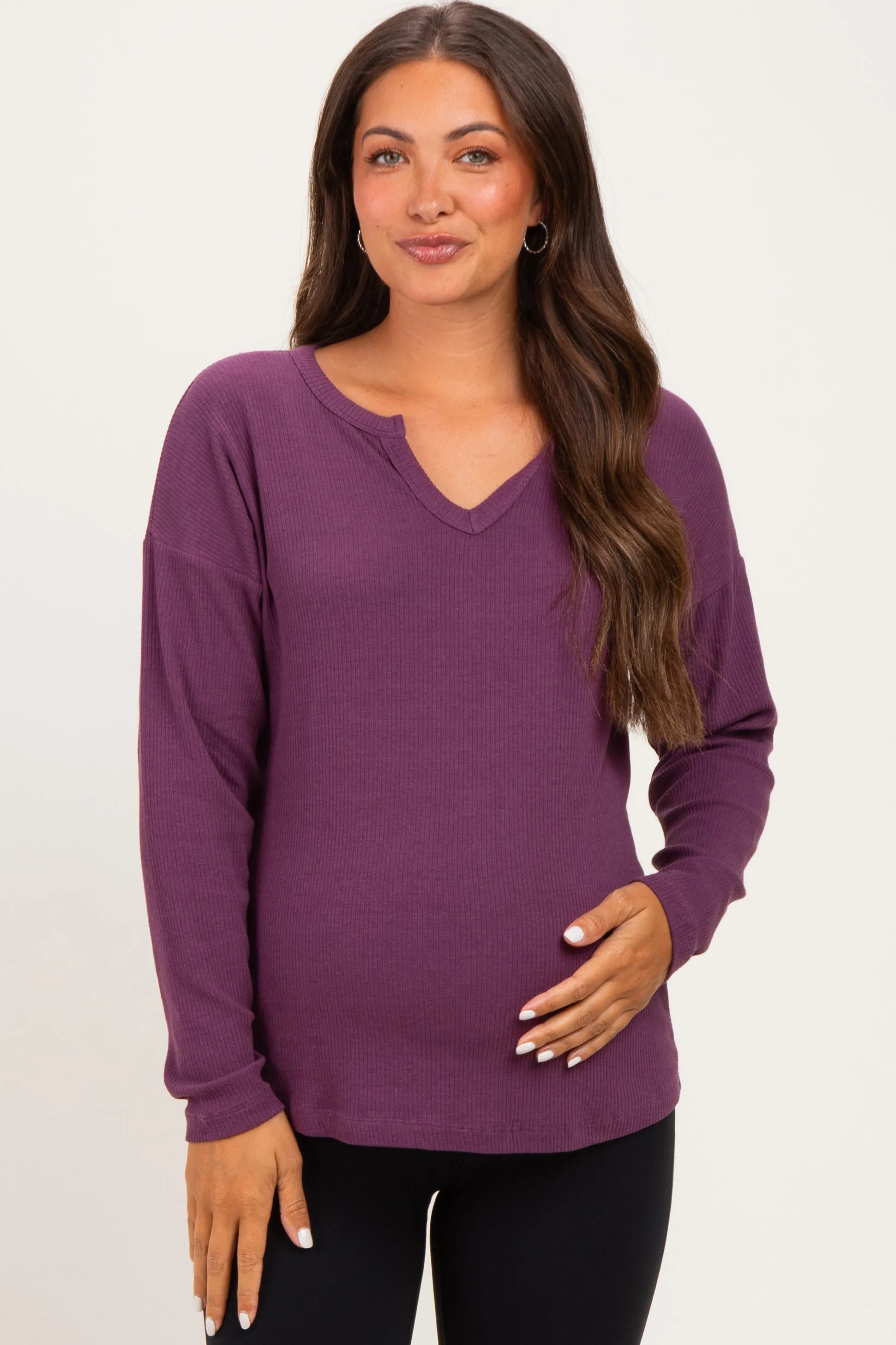 Plum Split Neck Oversized Brushed Knit Maternity Top sold by Pinkblush product image thumbnail 2