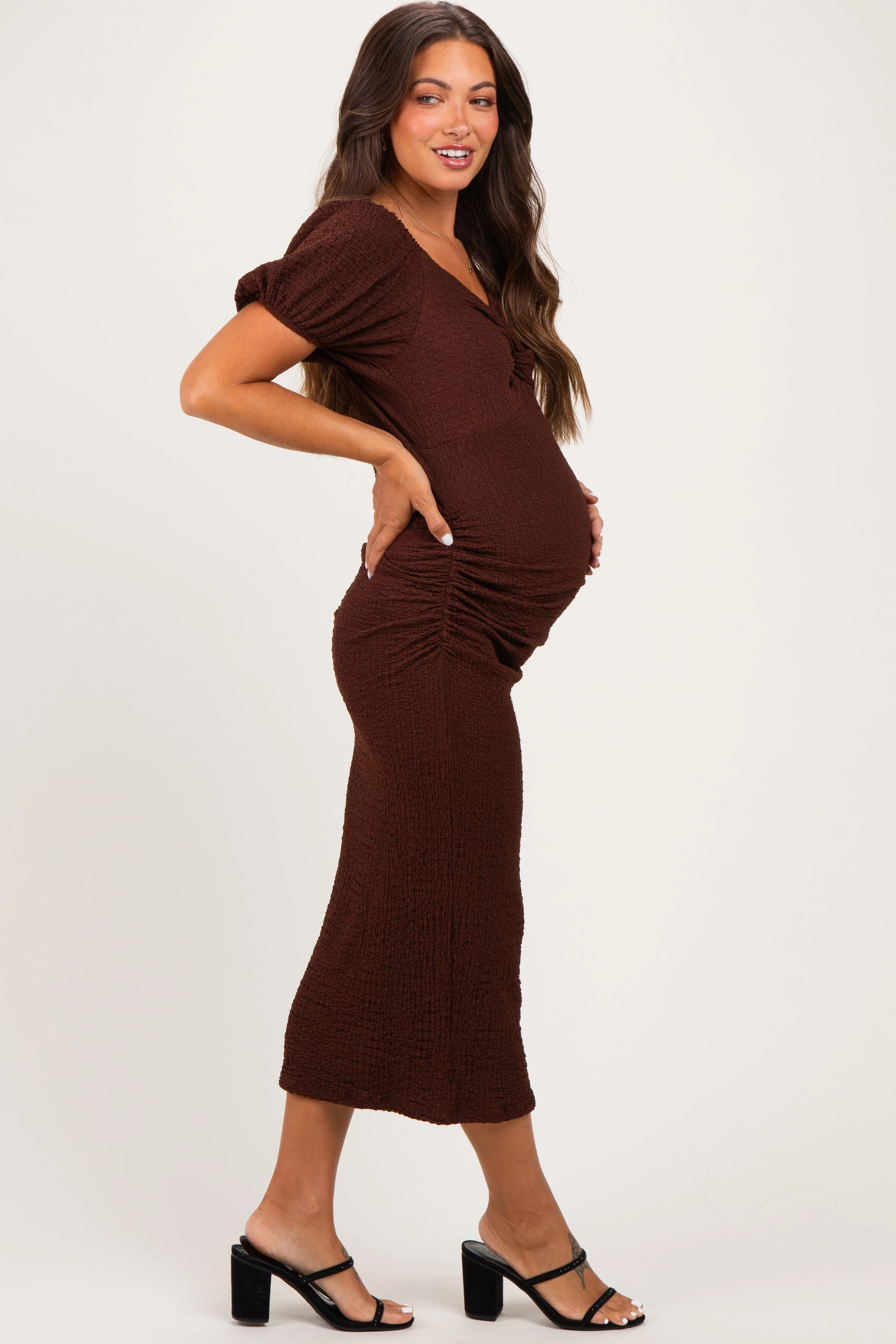 Brown Knit Twisted Bust Short Sleeve Maternity Midi Dress sold by Pinkblush product image thumbnail 3