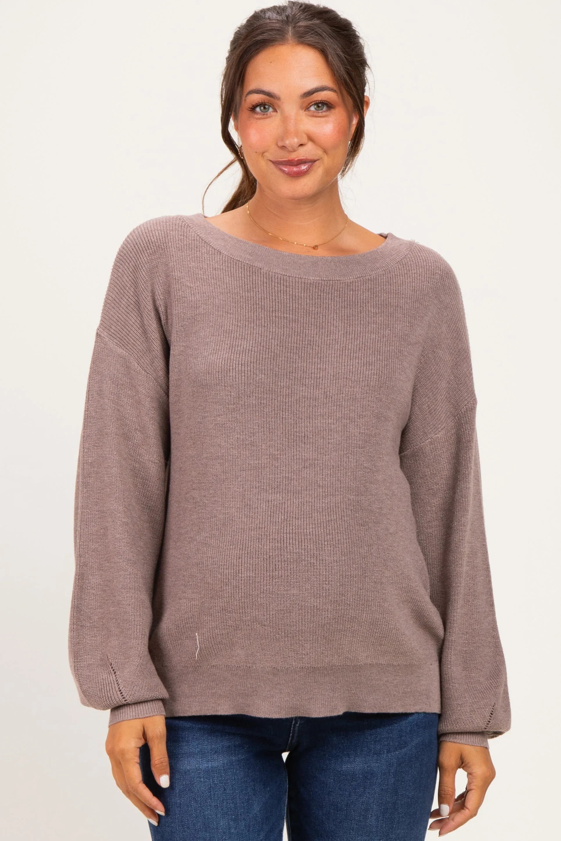 Mocha Balloon Sleeve Boat Neck Maternity Sweater sold by Pinkblush