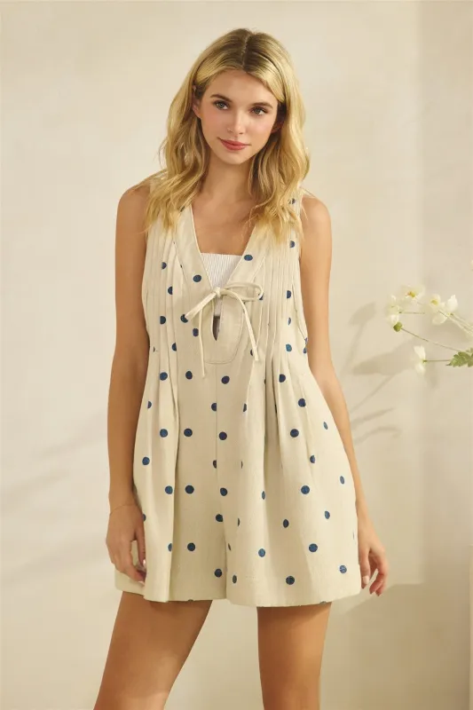 Cream Polka Dot Pleated V-Neck Romper made by Veveret