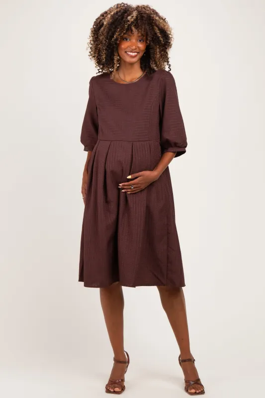 Brown Printed Textured Pleated Maternity Midi Dress made by tea n rose