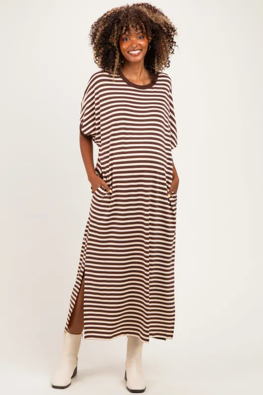 Brown Striped Short Sleeve Maternity Midi Dress made by entro