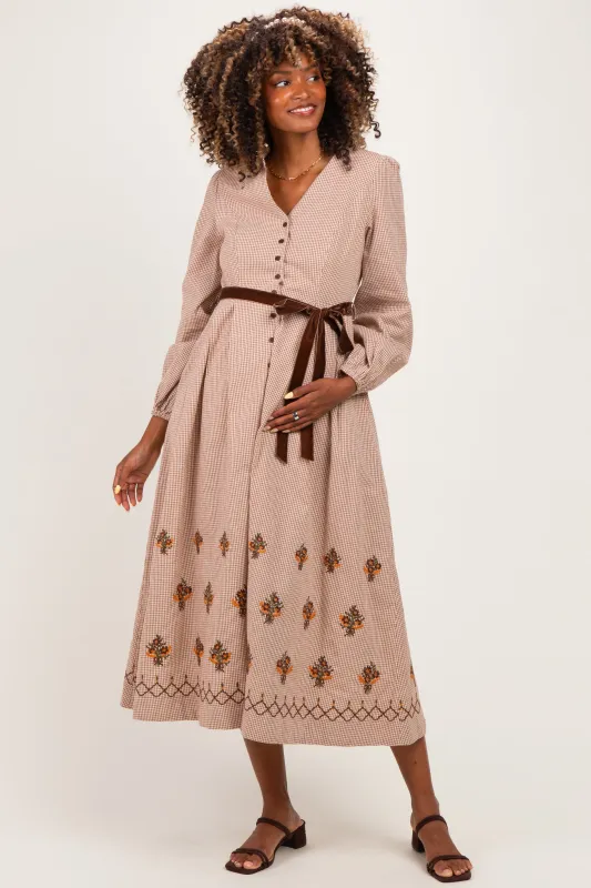 Sepia Button Down Embroidered Plaid Maternity Midi Dress made by Inloom