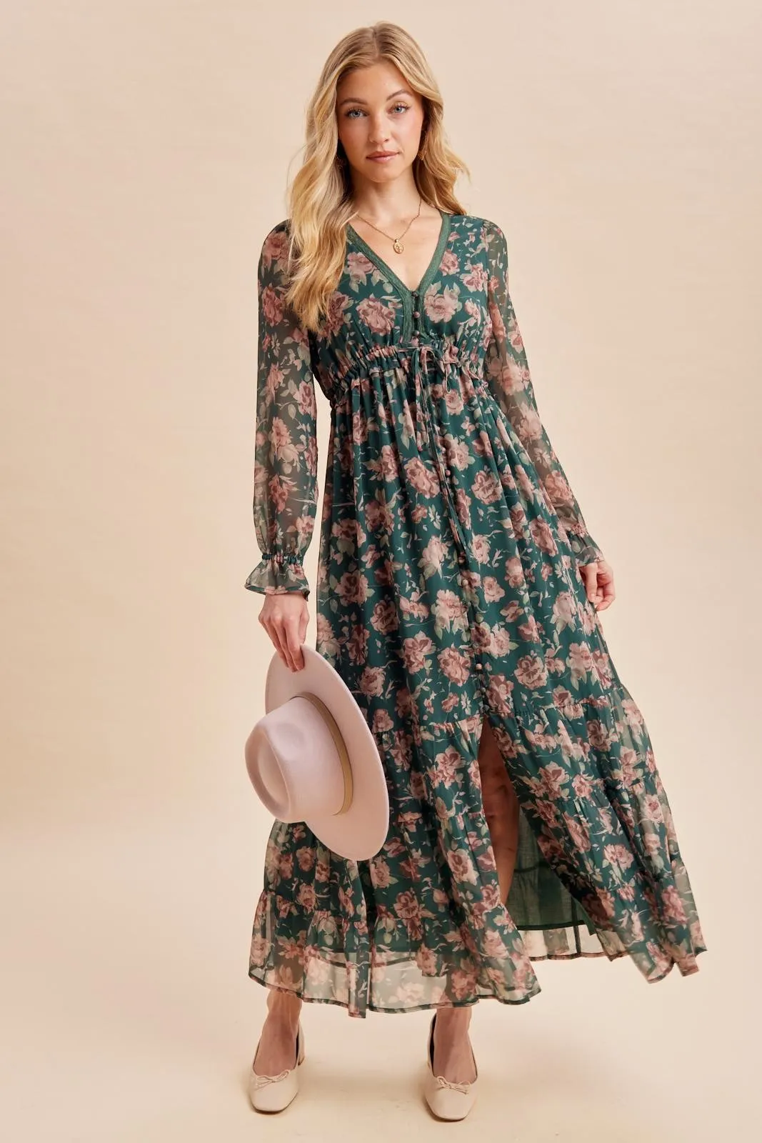 Eucalyptus Floral Chiffon Button Down Maxi Dress sold by Pinkblush product image thumbnail 2