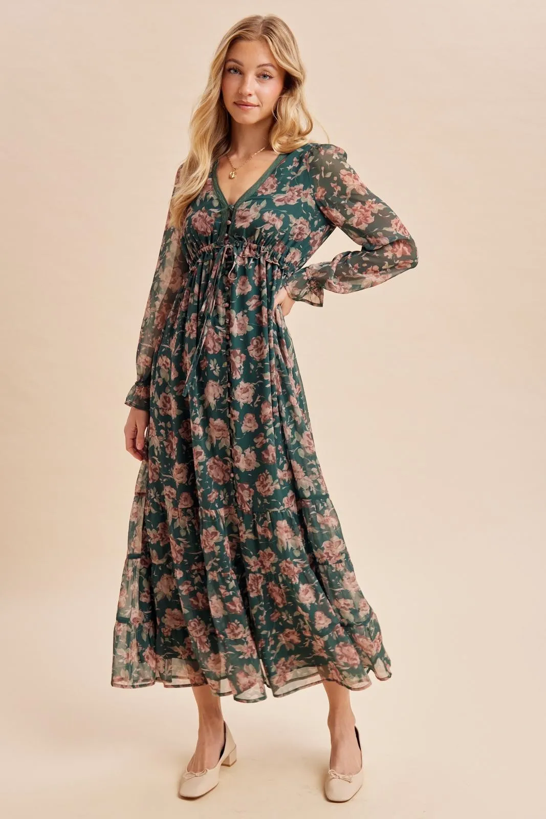 Eucalyptus Floral Chiffon Button Down Maxi Dress sold by Pinkblush product image thumbnail 3