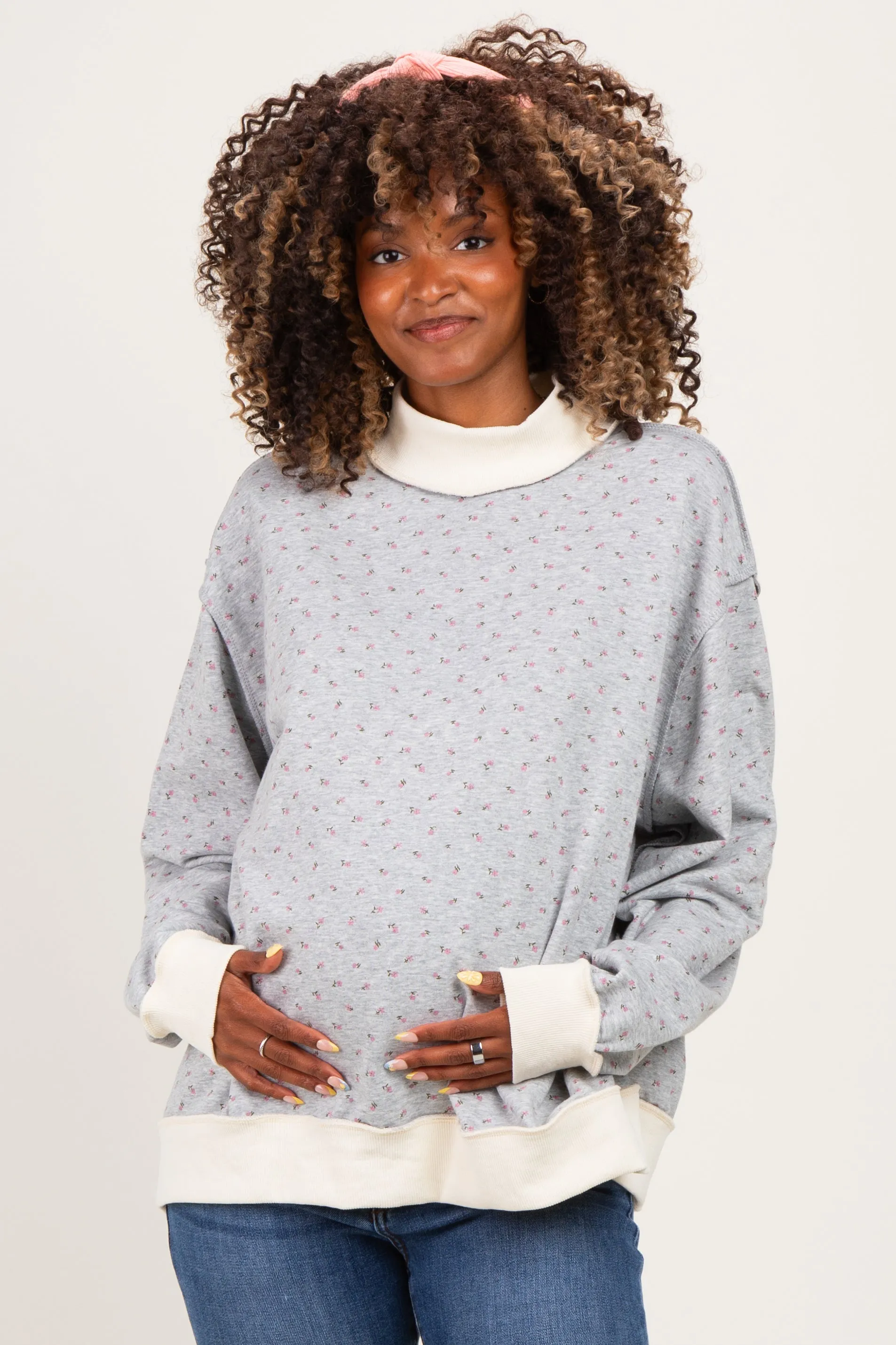 Heather Grey Floral Mock Neck Drop Shoulder Maternity Pullover sold by Pinkblush product image thumbnail 4