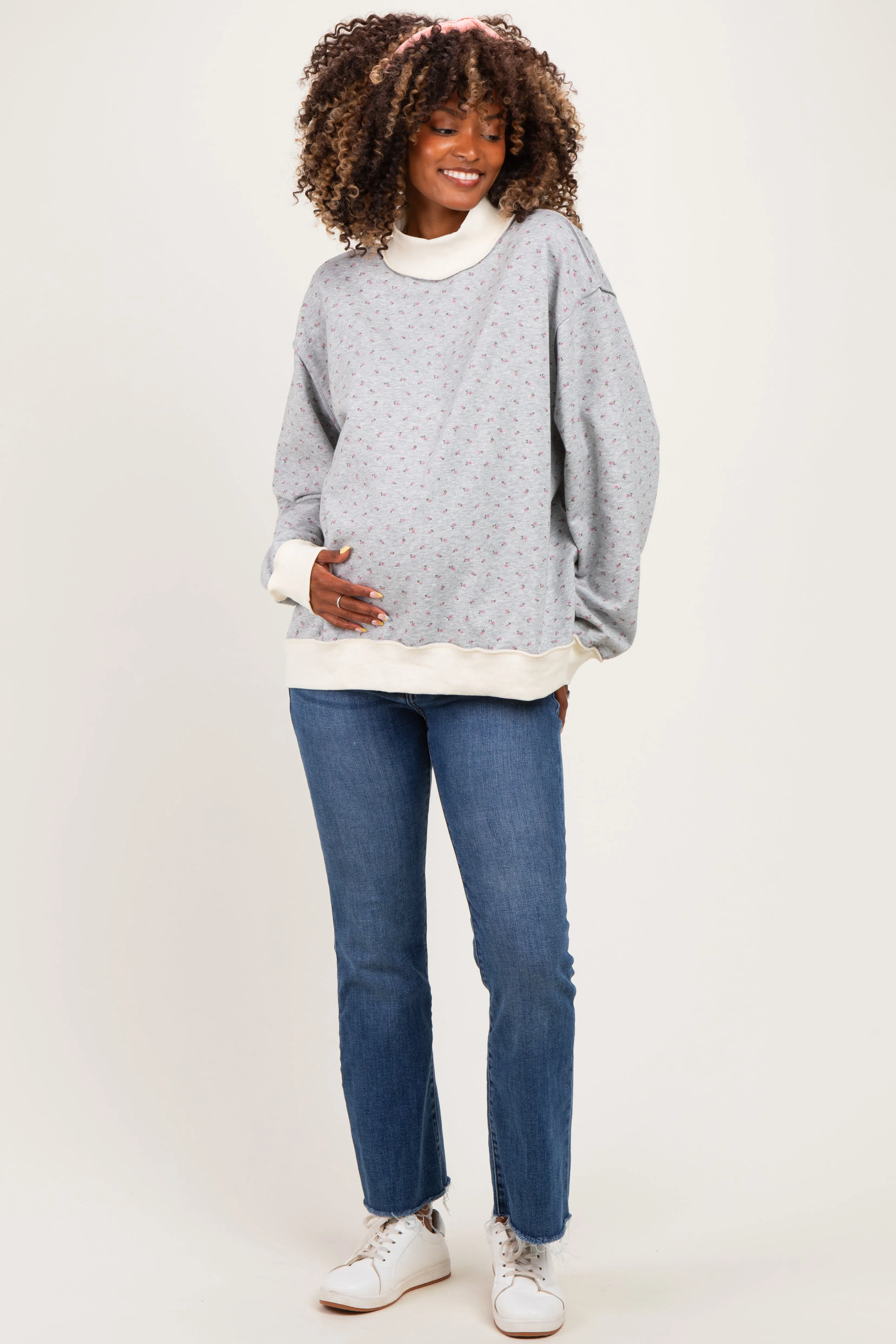 Heather Grey Floral Mock Neck Drop Shoulder Maternity Pullover sold by Pinkblush