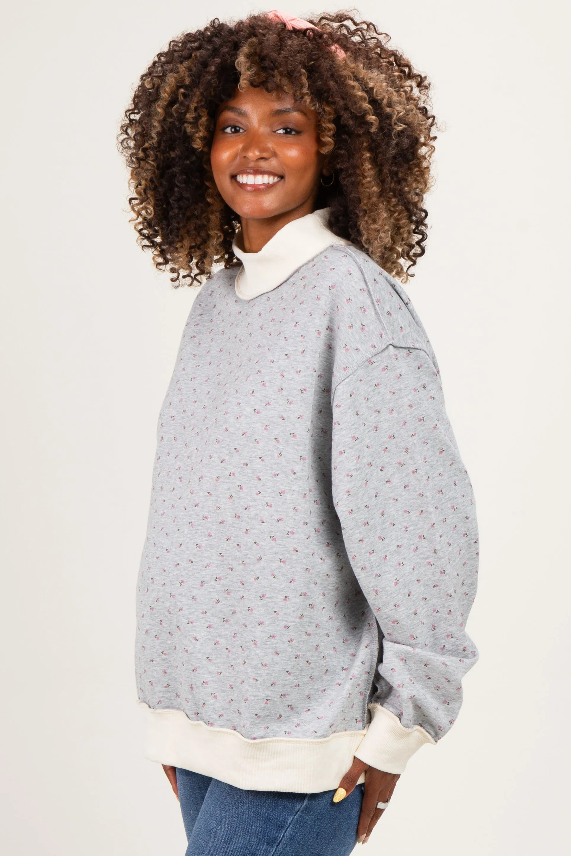 Heather Grey Floral Mock Neck Drop Shoulder Maternity Pullover sold by Pinkblush product image thumbnail 2