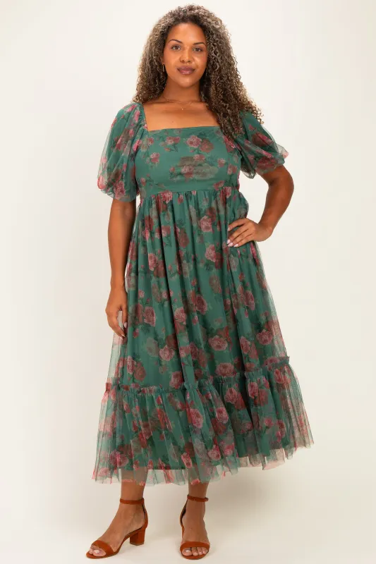 Forest Green Rose Print Tulle Overlay Plus Midi Dress made by Polagram