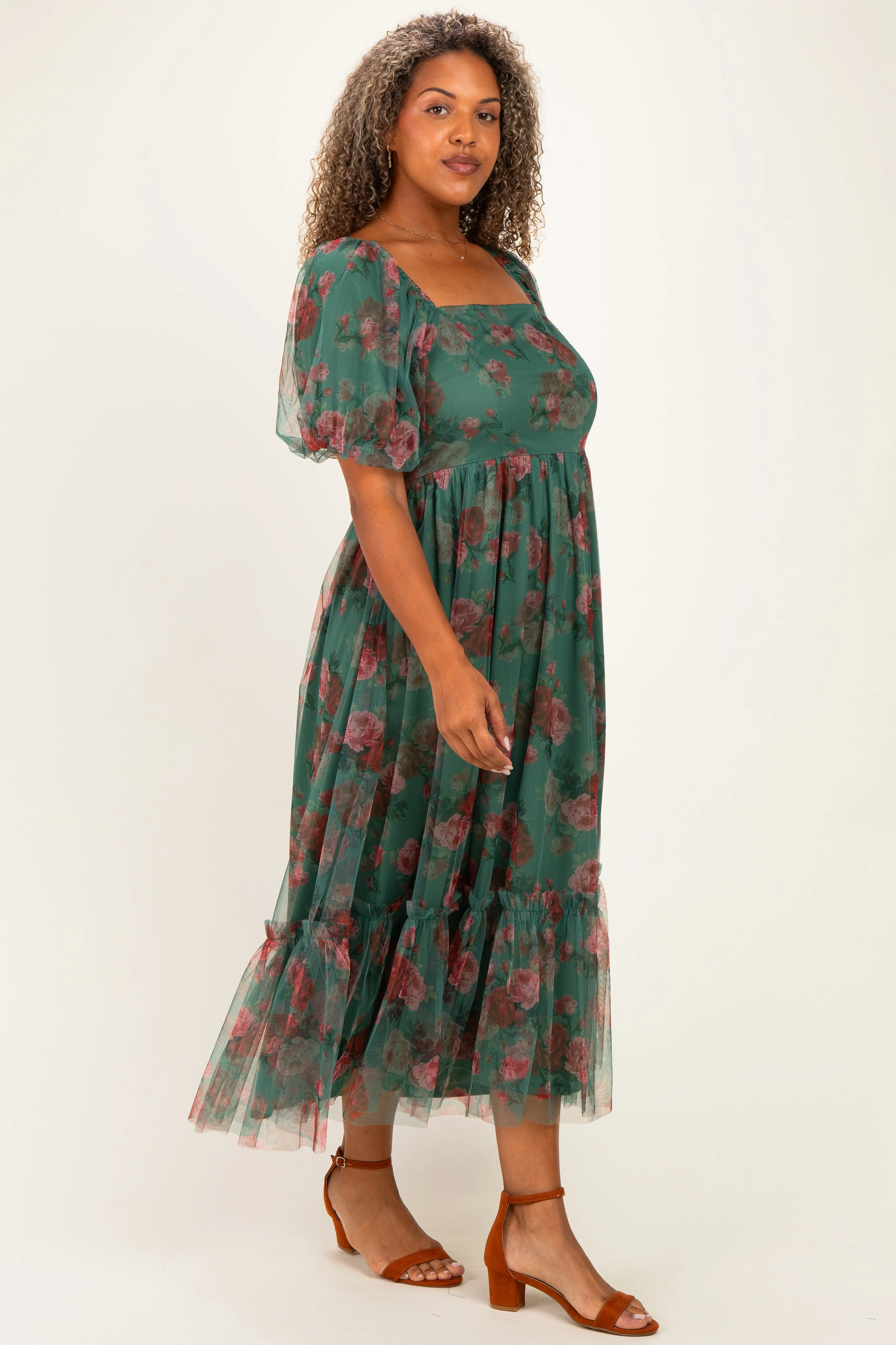 Forest Green Rose Print Tulle Overlay Plus Midi Dress sold by Pinkblush product image thumbnail 2