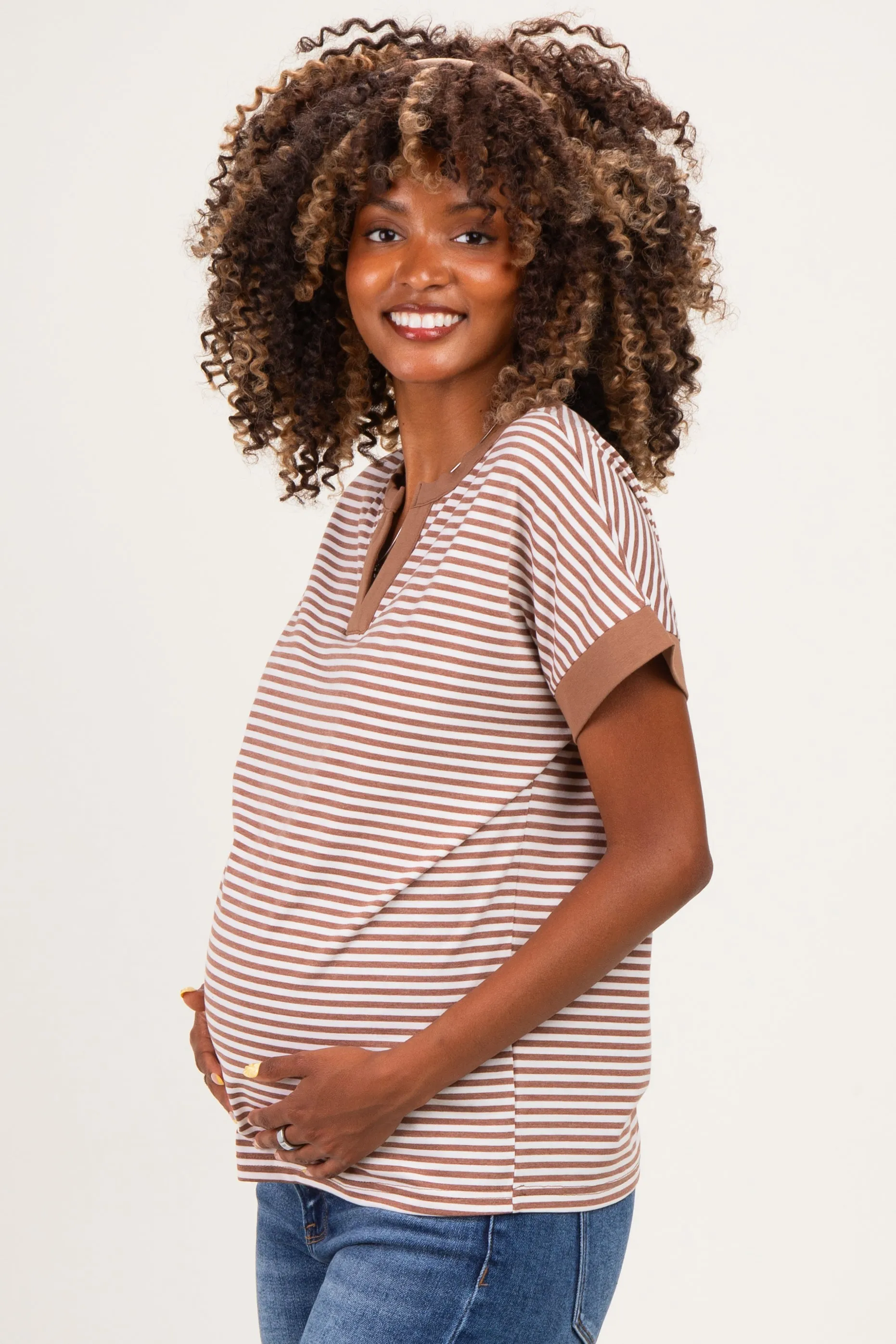 Mocha Striped Contrast Trim Maternity Top sold by Pinkblush product image thumbnail 3