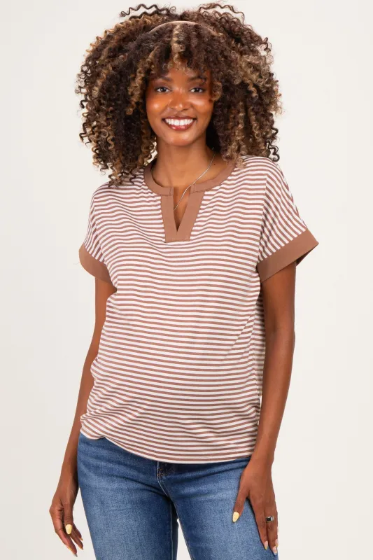 Mocha Striped Contrast Trim Maternity Top made by Staccato