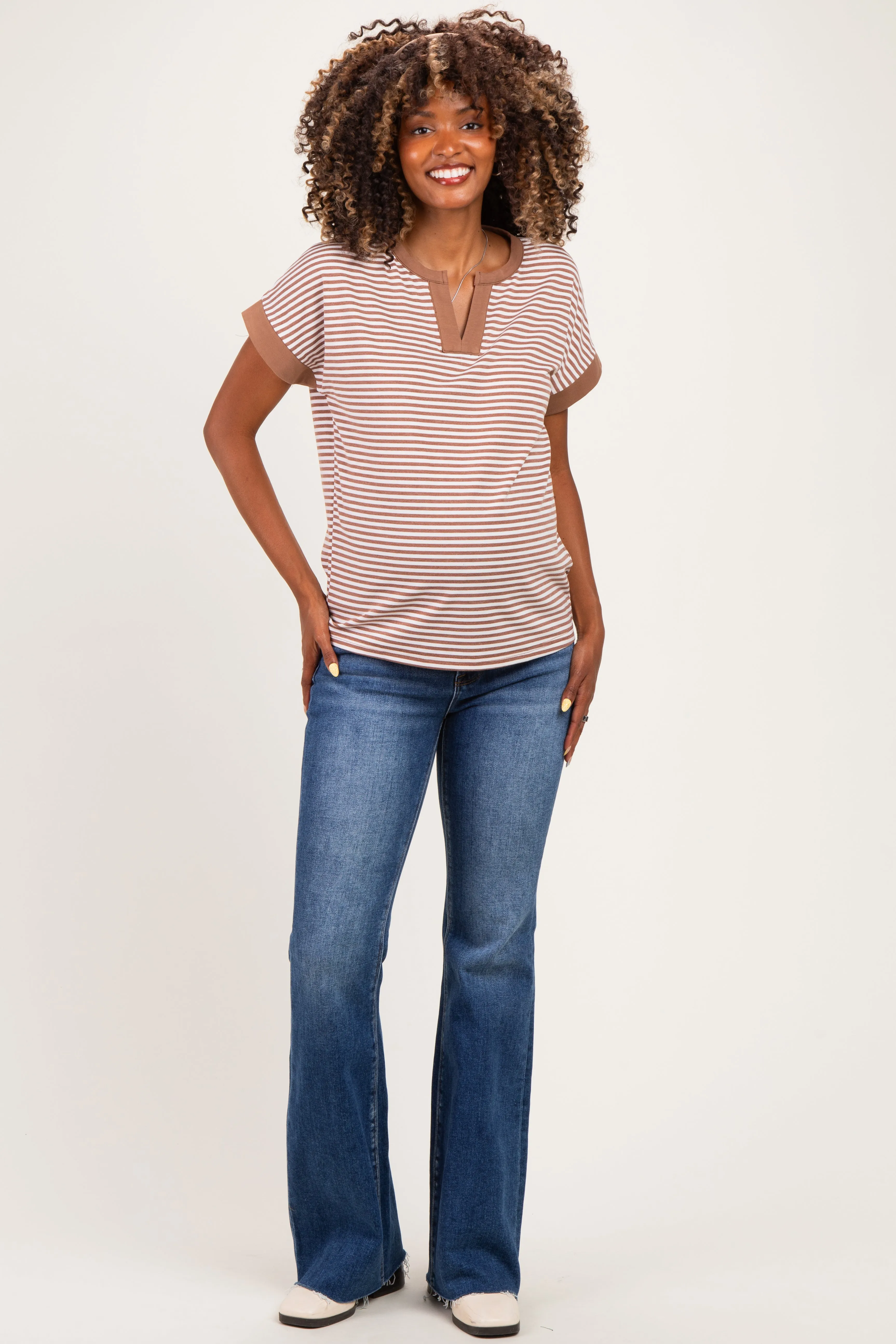 Mocha Striped Contrast Trim Maternity Top sold by Pinkblush product image thumbnail 2