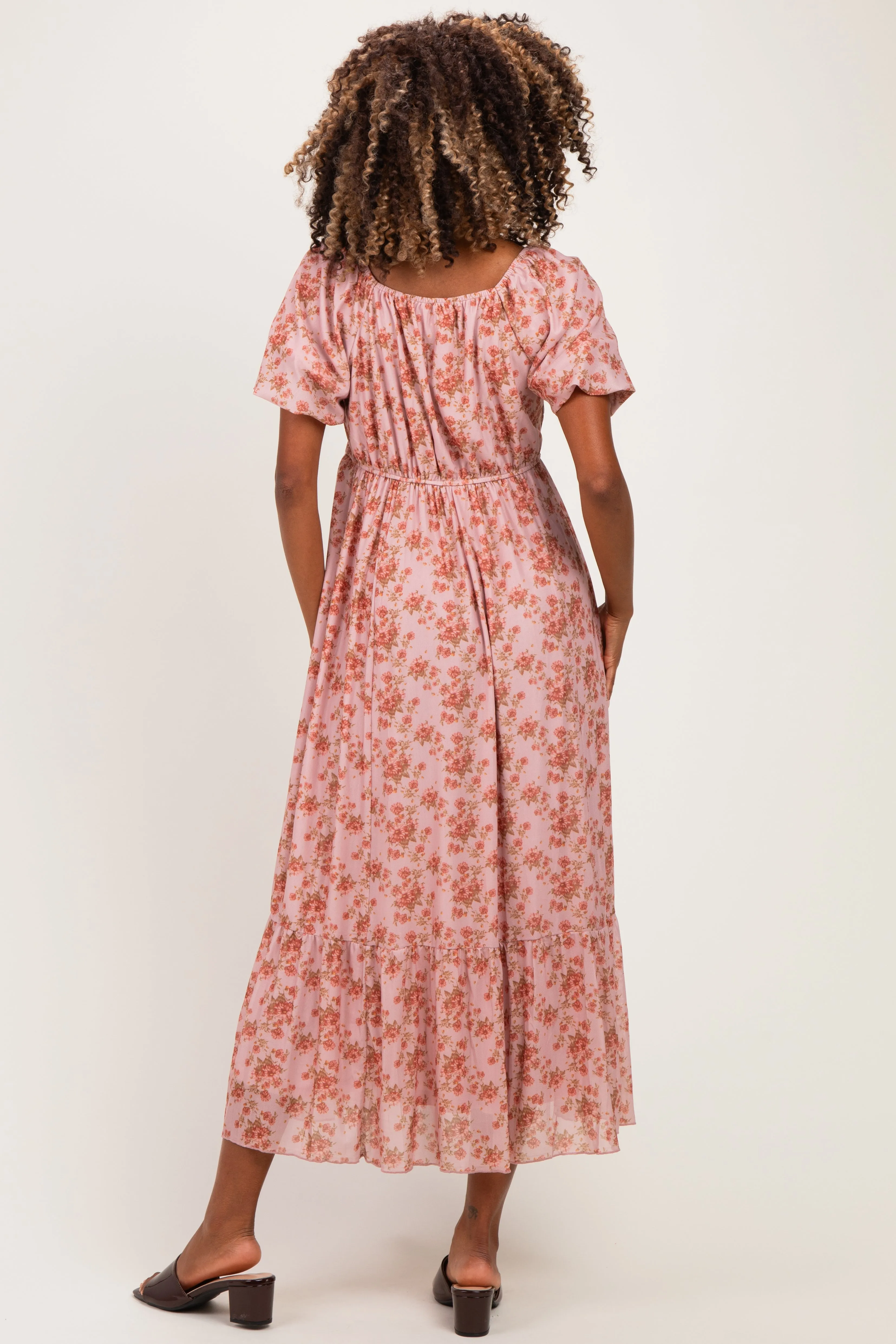 Pink Multi Floral Print Bubble Sleeve Maternity Midi Dress sold by Pinkblush product image thumbnail 4