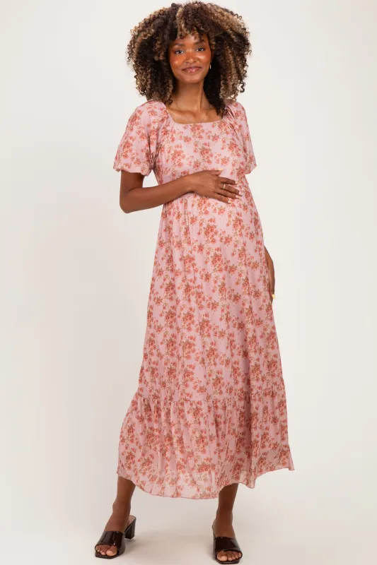 Pink Multi Floral Print Bubble Sleeve Maternity Midi Dress made by Polagram