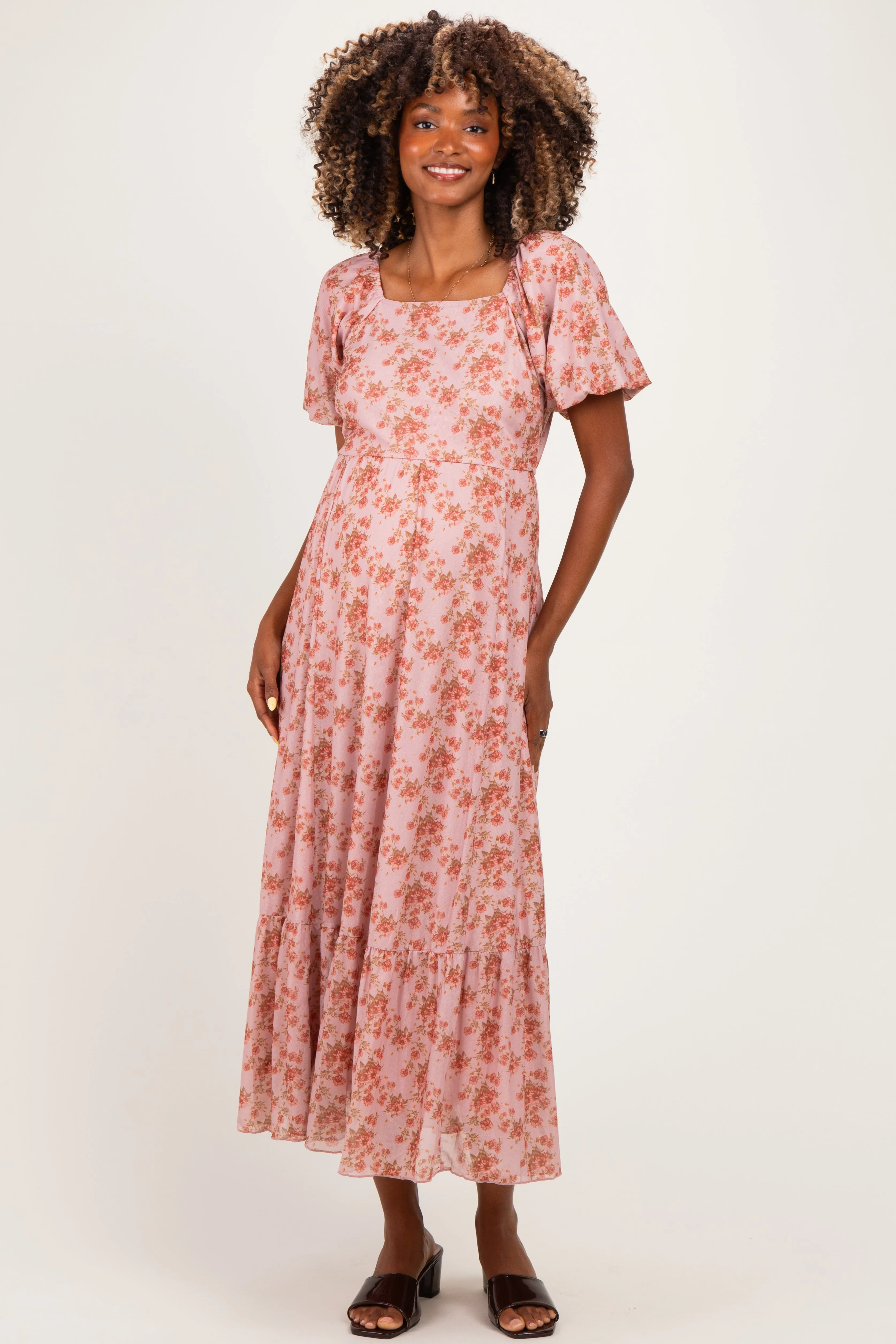 Pink Multi Floral Print Bubble Sleeve Maternity Midi Dress sold by Pinkblush product image thumbnail 2