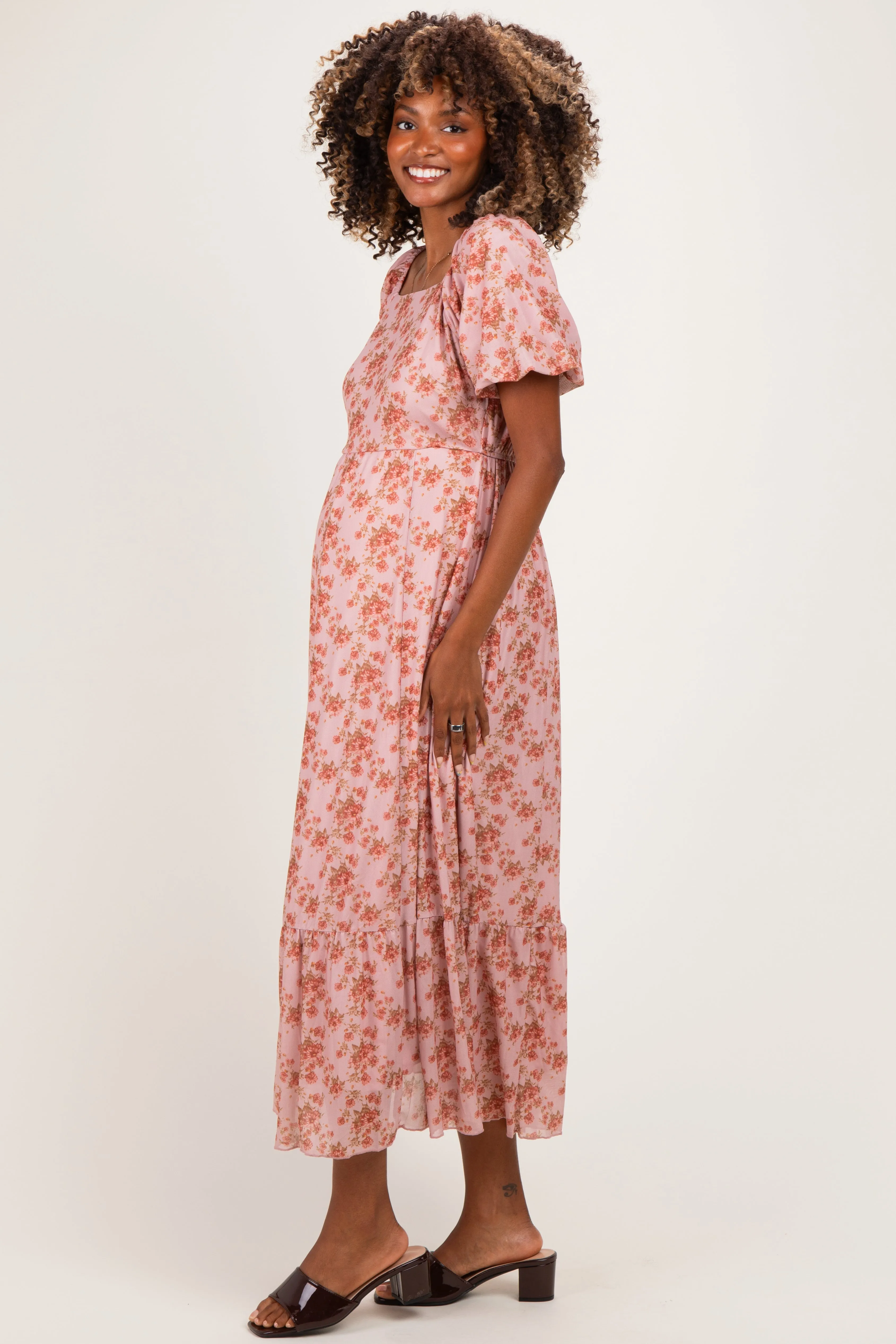 Pink Multi Floral Print Bubble Sleeve Maternity Midi Dress sold by Pinkblush product image thumbnail 3