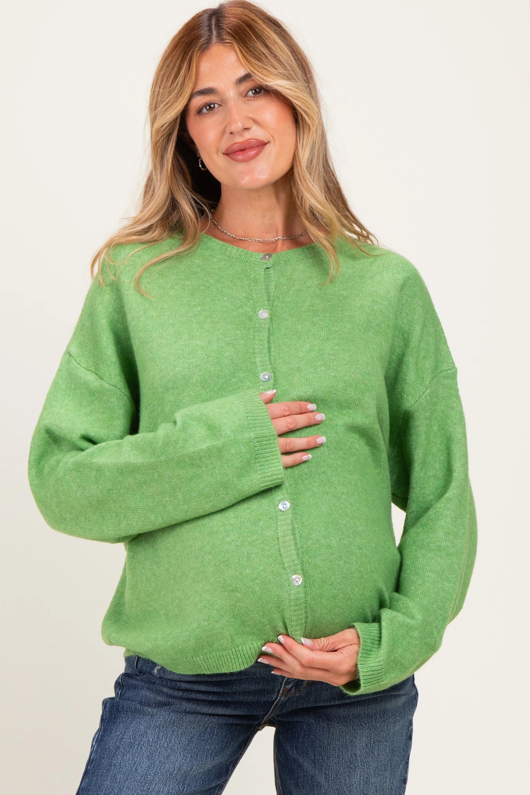 Light Green Long Sleeve Crew Neck Maternity Cardigan sold by Pinkblush product image thumbnail 2