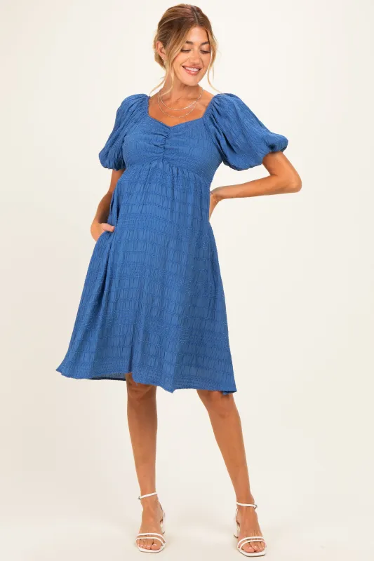 Blue Textured Bubble Sleeve Maternity Dress made by Polagram