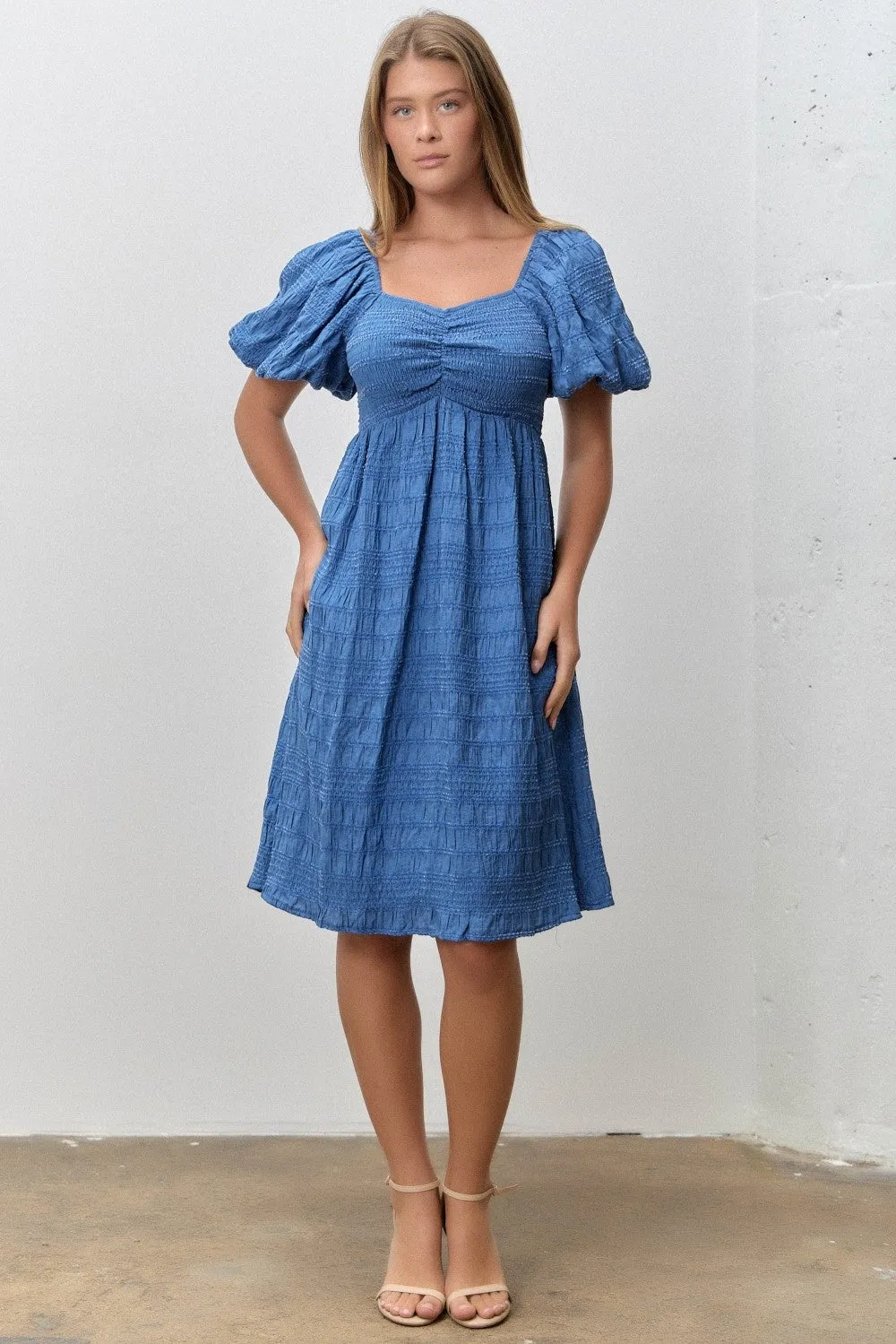 Blue Textured Bubble Sleeve Maternity Dress sold by Pinkblush product image thumbnail 3