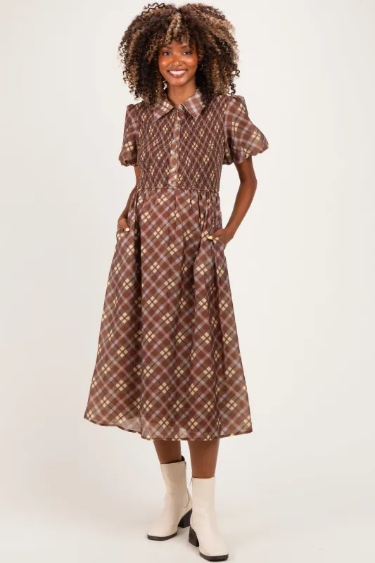 Brown Plaid Smocked Maternity Shirt Dress made by tea n rose