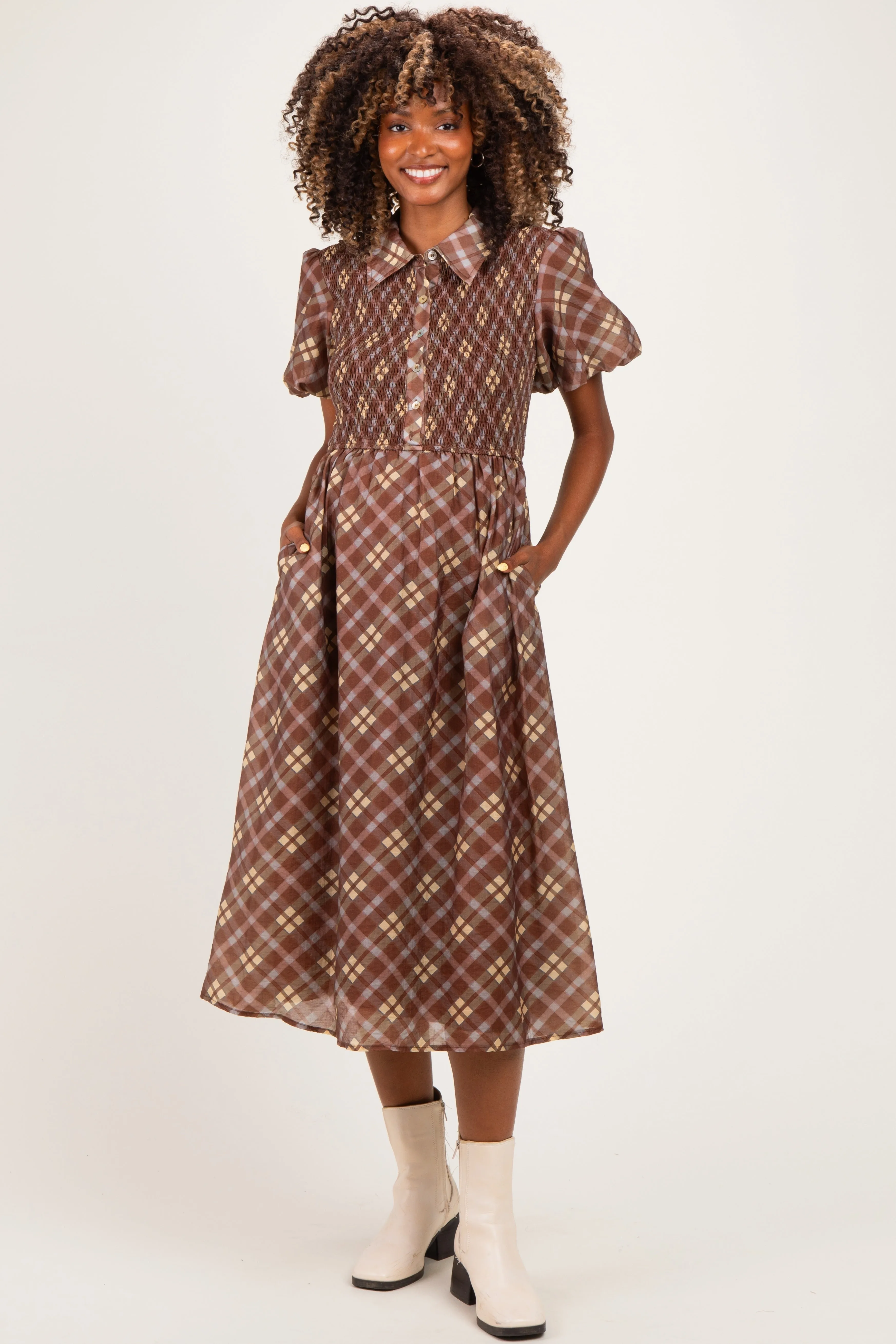 Brown Plaid Smocked Maternity Shirt Dress sold by Pinkblush