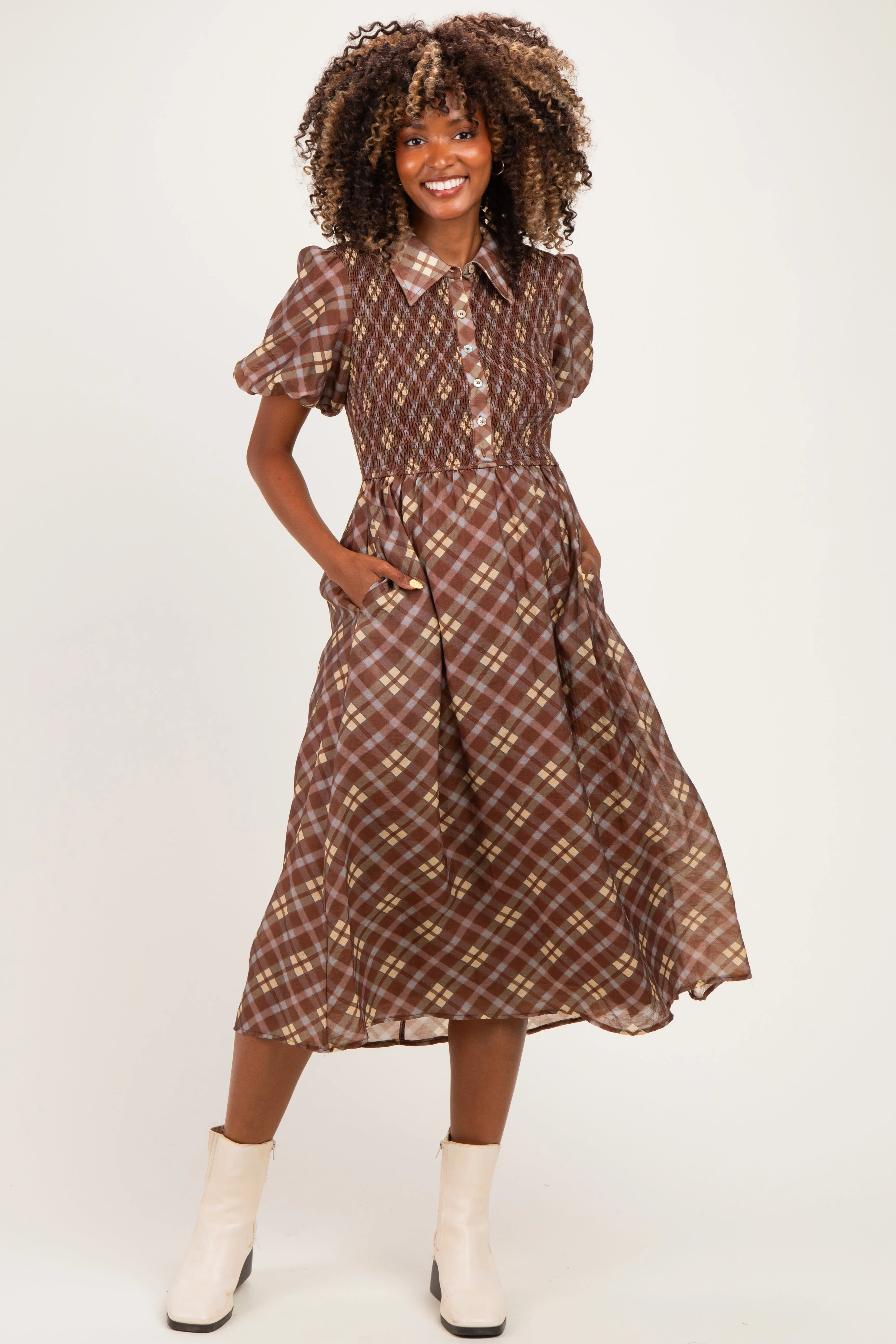 Brown Plaid Smocked Maternity Shirt Dress sold by Pinkblush product image thumbnail 2