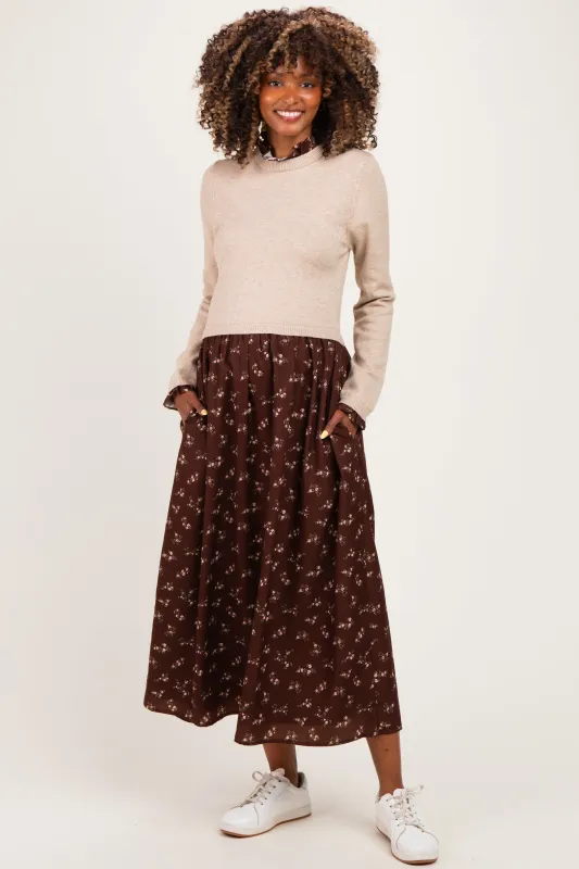 Mocha Floral Sweater Contrast Maternity Midi Dress made by In February
