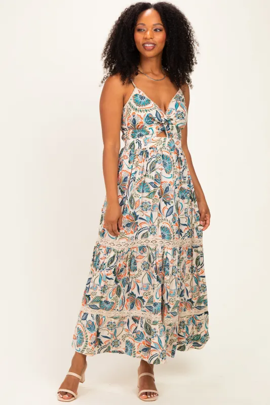 Ivory Floral Twist Front Keyhole Lace Trim Maternity Maxi Dress made by Angie