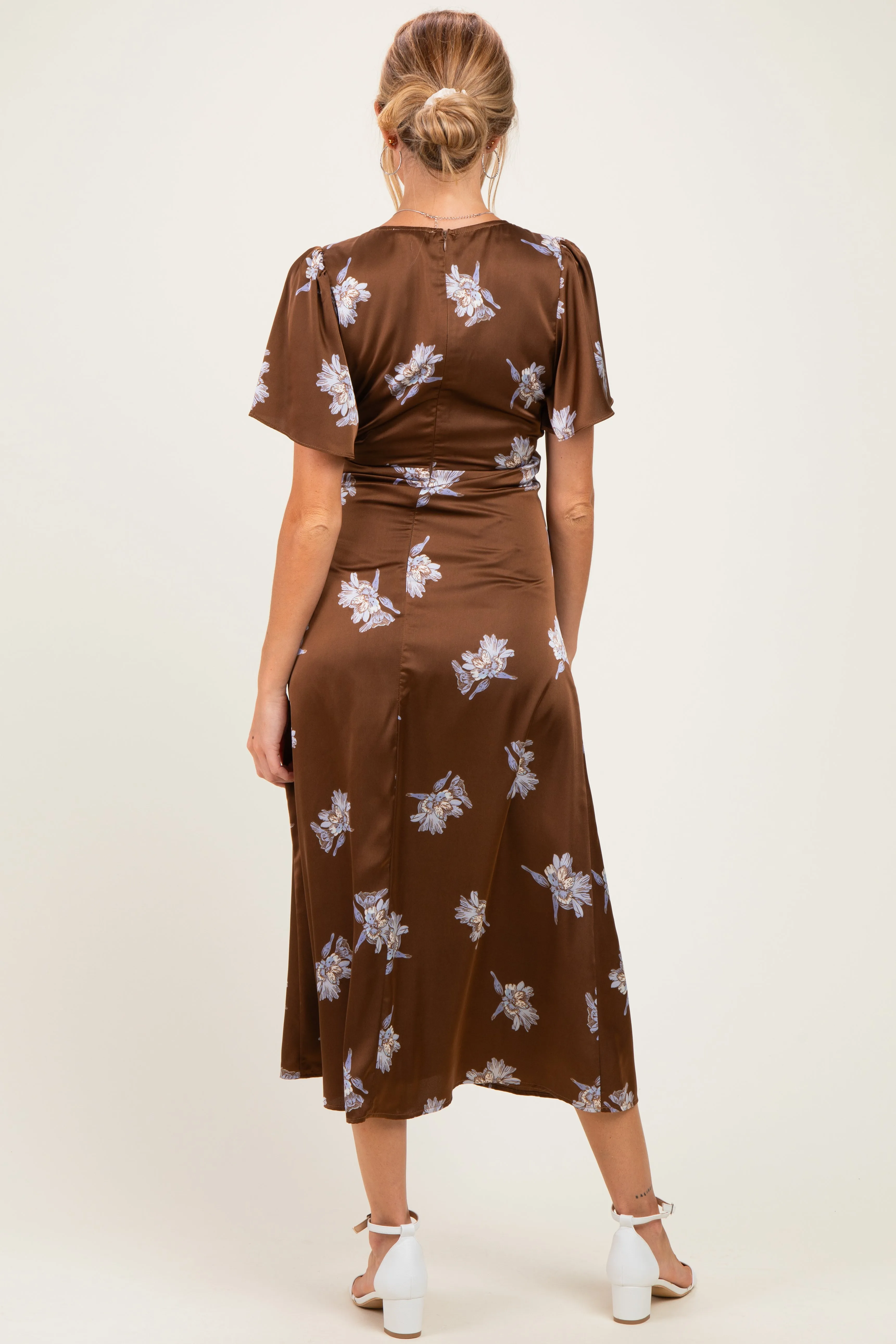 Brown Satin Floral Flutter Sleeve Maternity Midi Dress sold by Pinkblush product image thumbnail 4