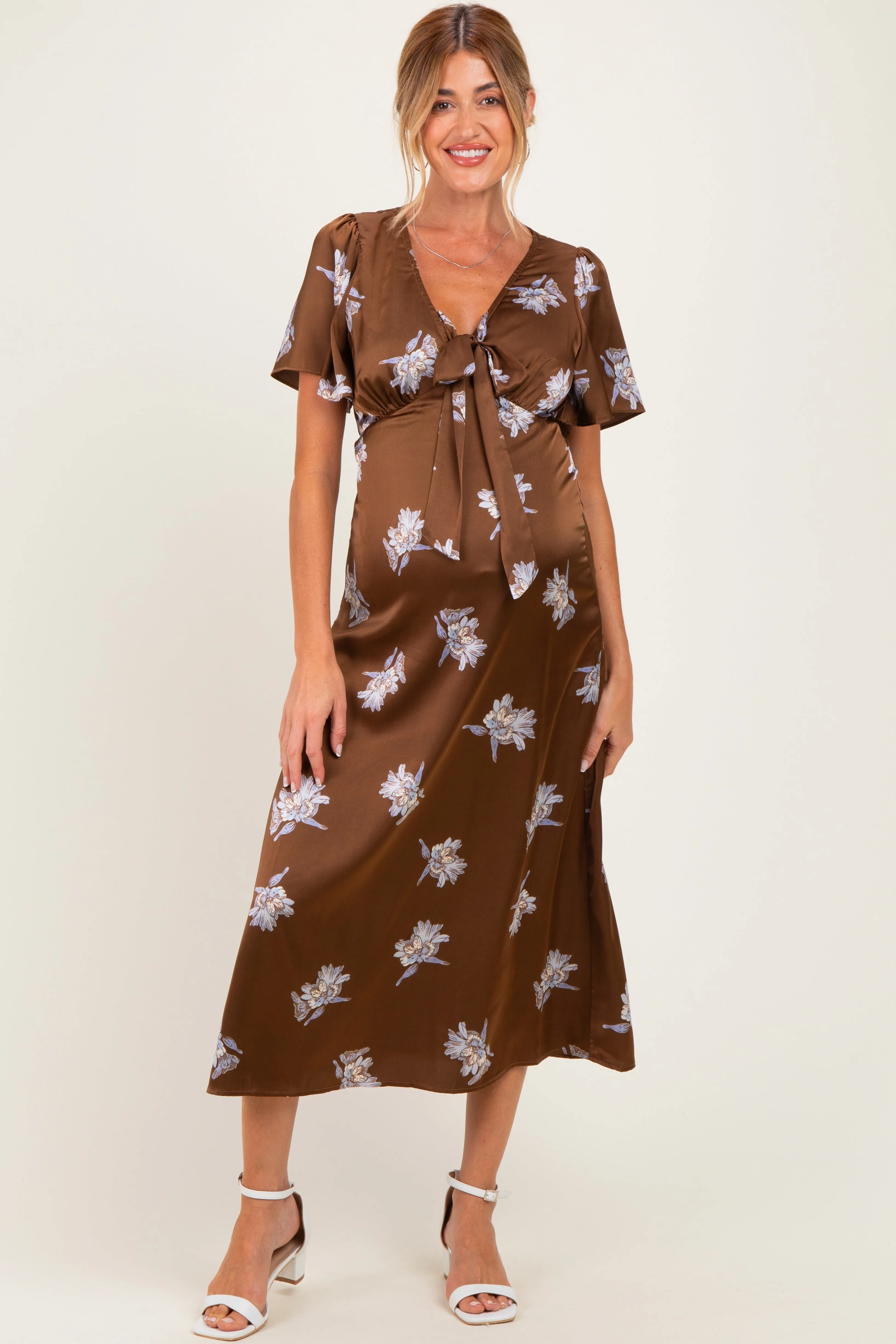 Brown Satin Floral Flutter Sleeve Maternity Midi Dress sold by Pinkblush