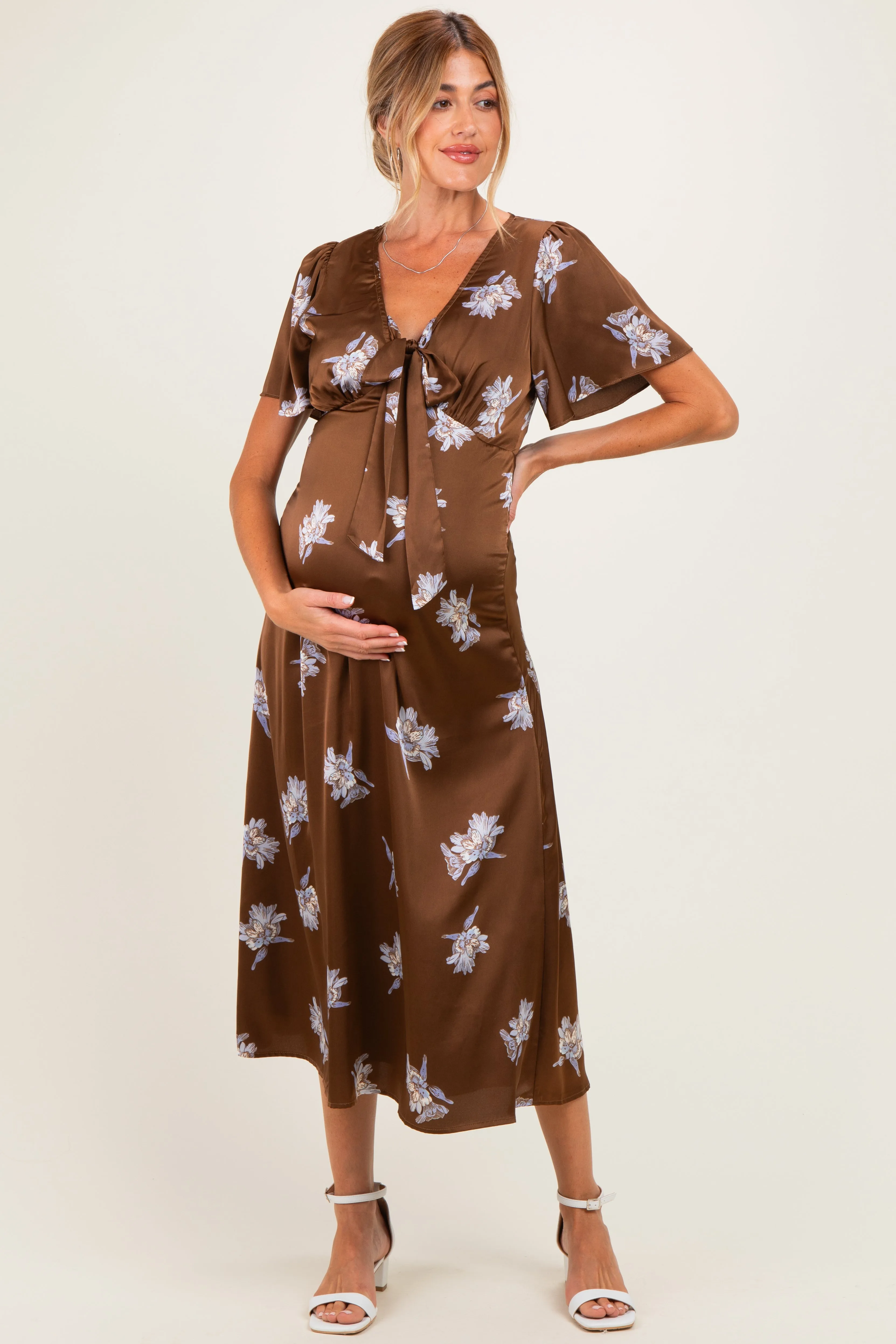 Brown Satin Floral Flutter Sleeve Maternity Midi Dress sold by Pinkblush product image thumbnail 2