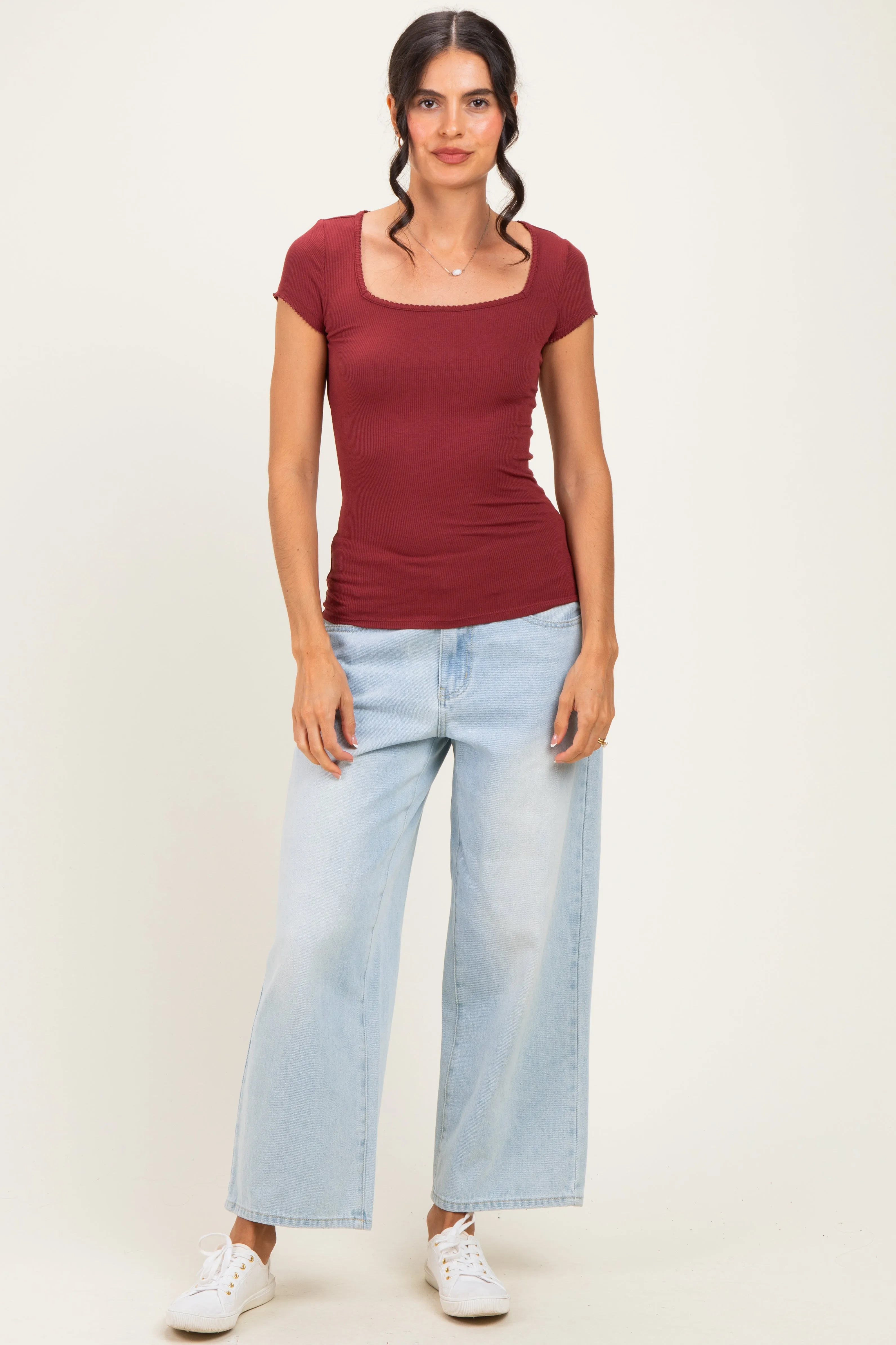 Maroon Ribbed Square Neck Cap Sleeve Top sold by Pinkblush product image thumbnail 2