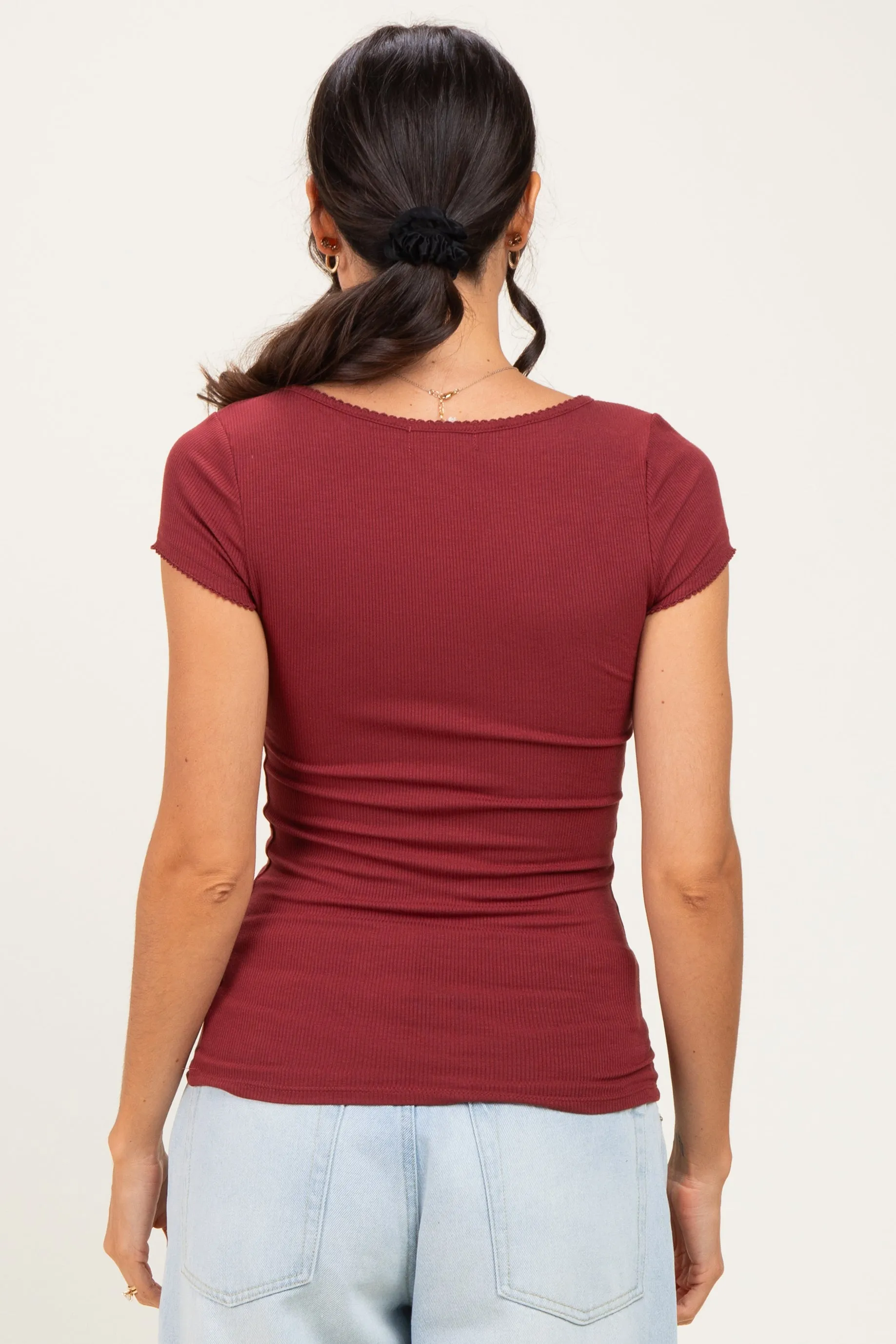Maroon Ribbed Square Neck Cap Sleeve Top sold by Pinkblush product image thumbnail 4